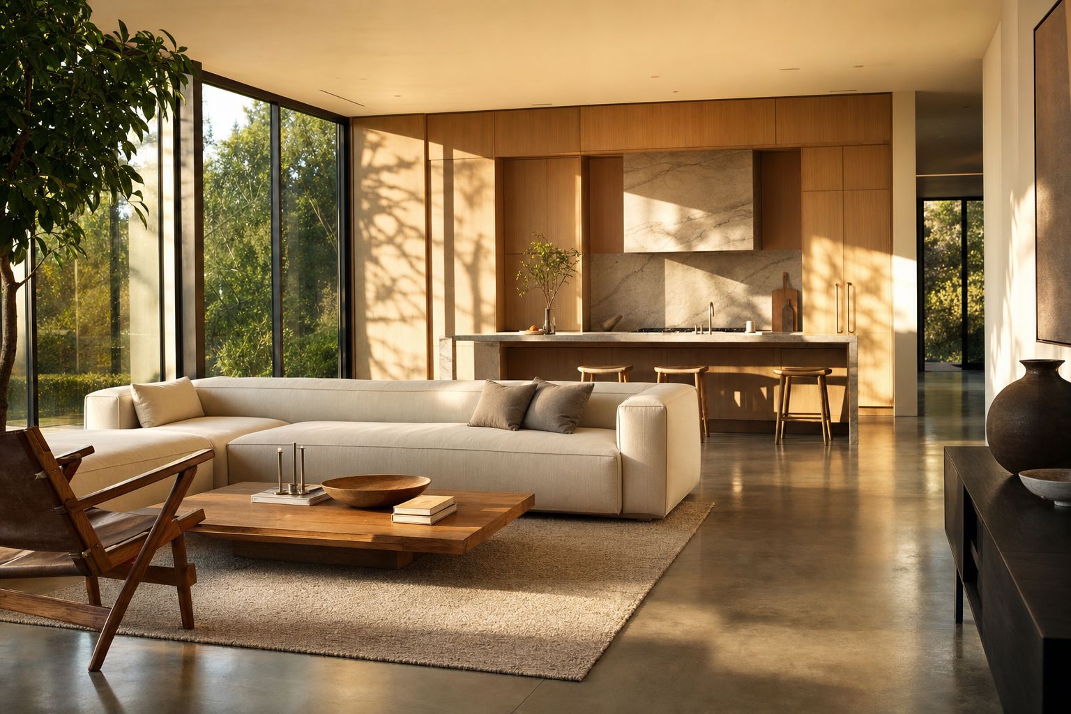 Freshly completed open-plan living room after a major renovation — polished concrete floors and white oak cabinetry, move-in ready after post-construction cleaning by Green Planet Cleaning Services
