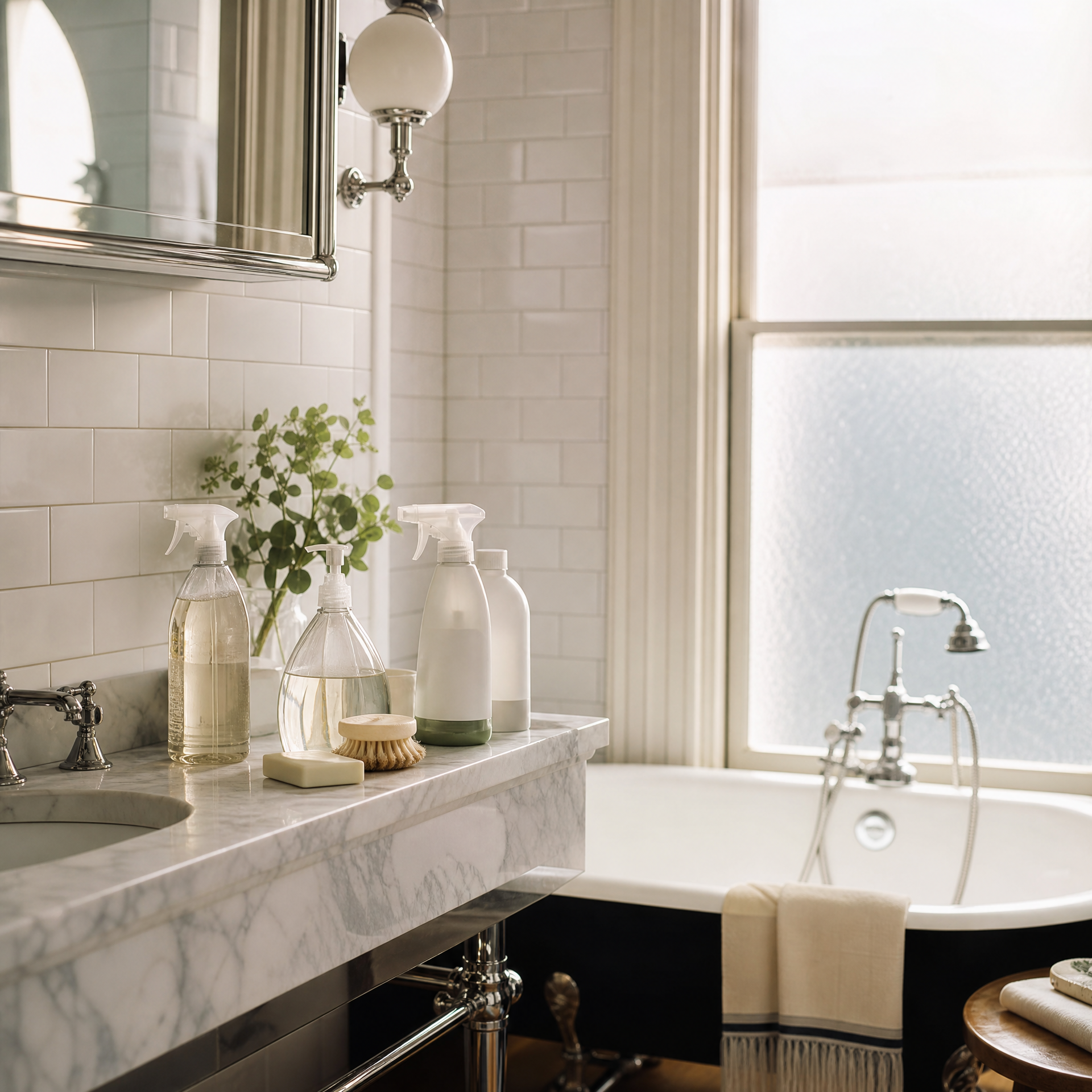Spotlessly clean San Francisco bathroom with marble tiles and chrome fixtures