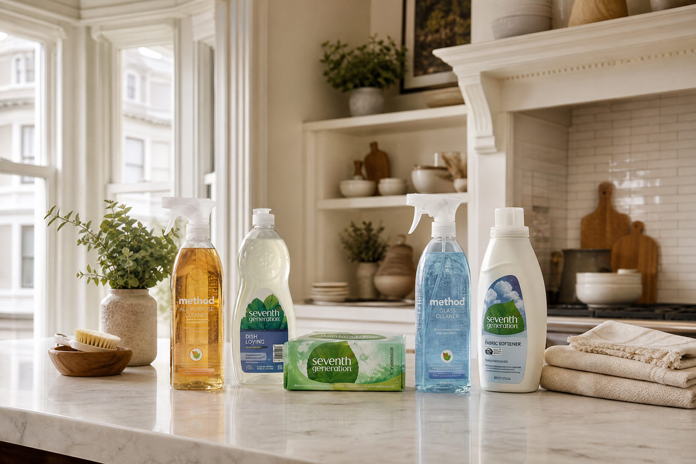 Eco-friendly Method and Seventh Generation cleaning products on a white marble countertop in a bright San Francisco kitchen