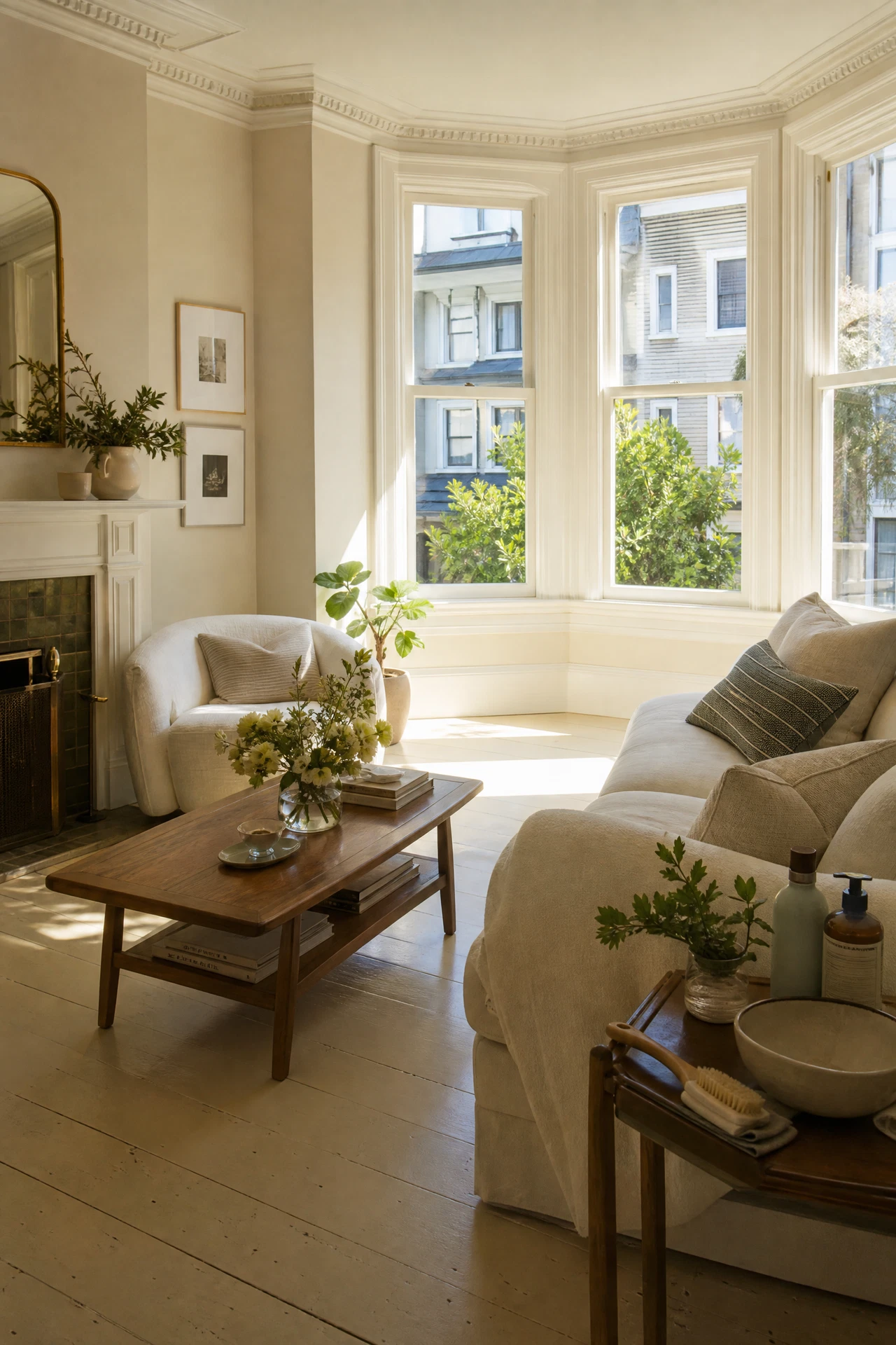 Guest-ready San Francisco Victorian living room with polished surfaces and bay-window light