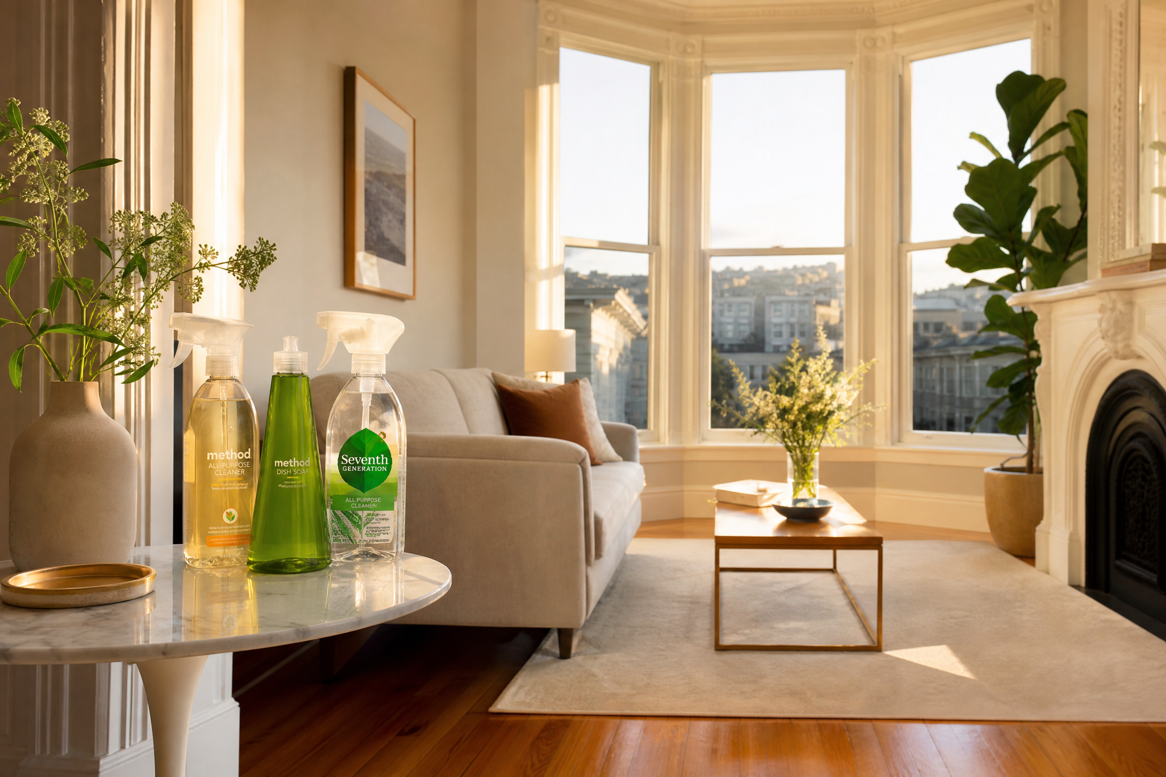 Pristine San Francisco Victorian living room with eco-friendly cleaning products on a marble side table