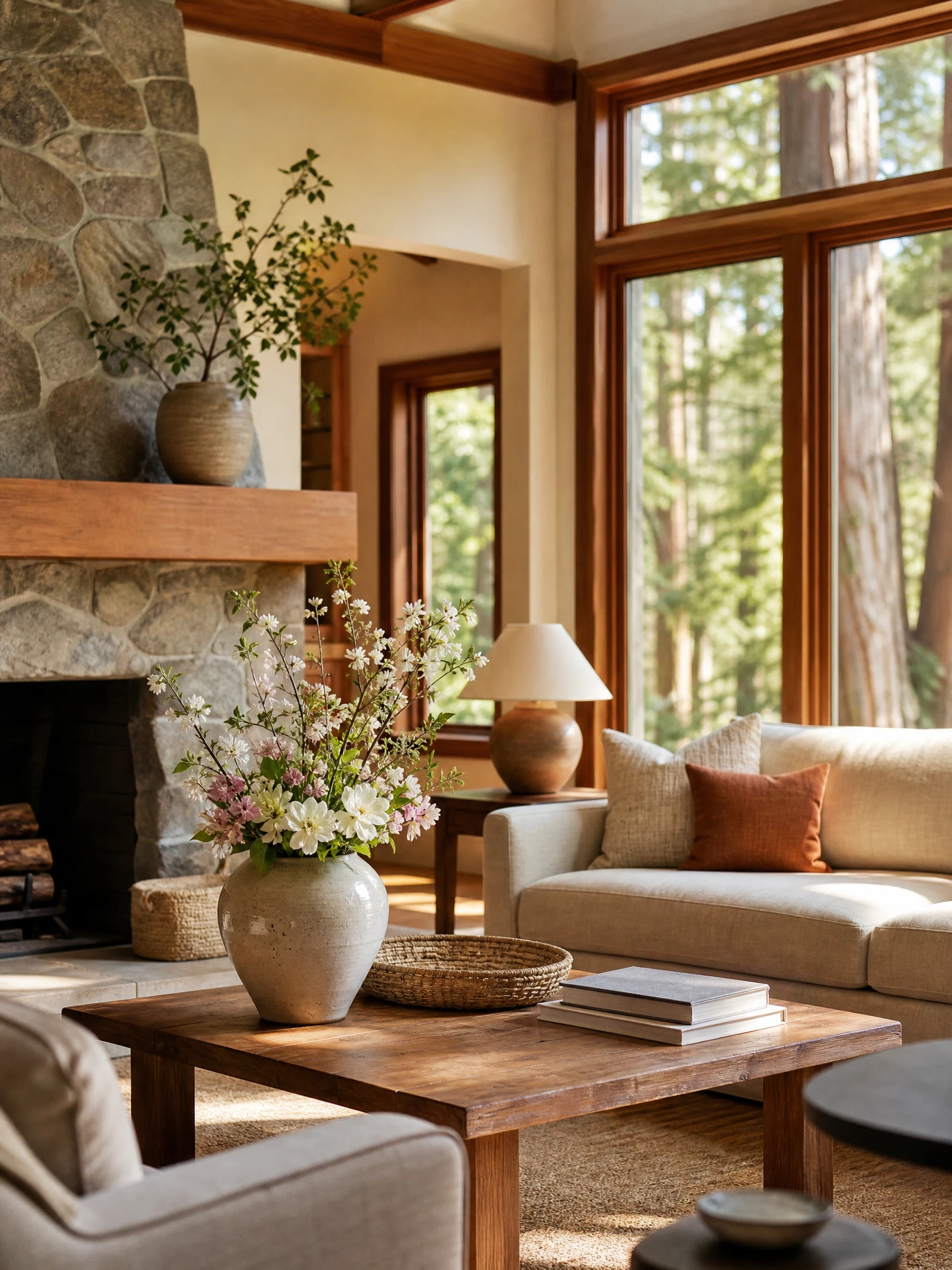 Sunlit Marin County Craftsman living room with redwood forest views and fresh flowers on a coffee table