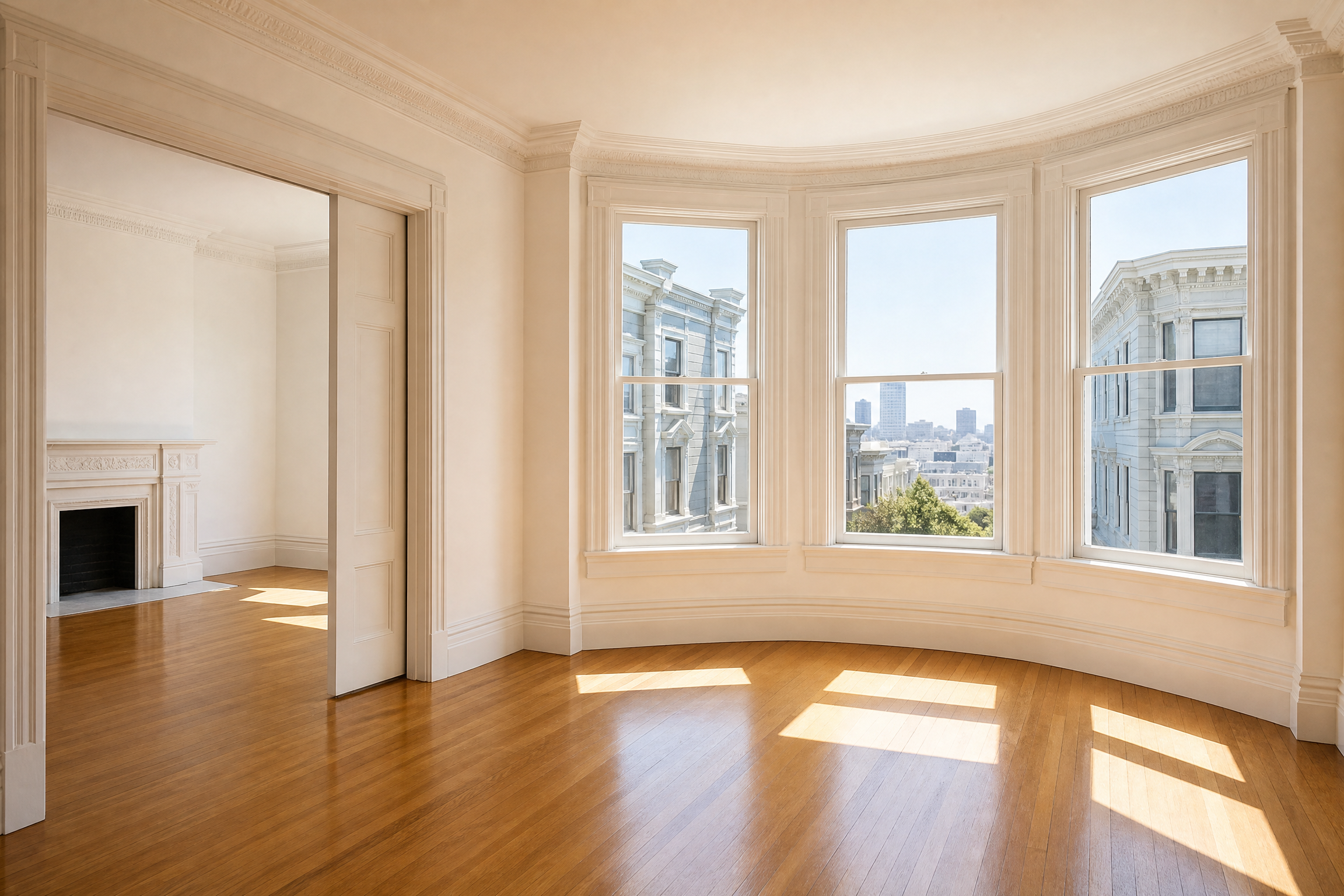 Spotless empty San Francisco Victorian apartment living room with gleaming hardwood floors and bay windows