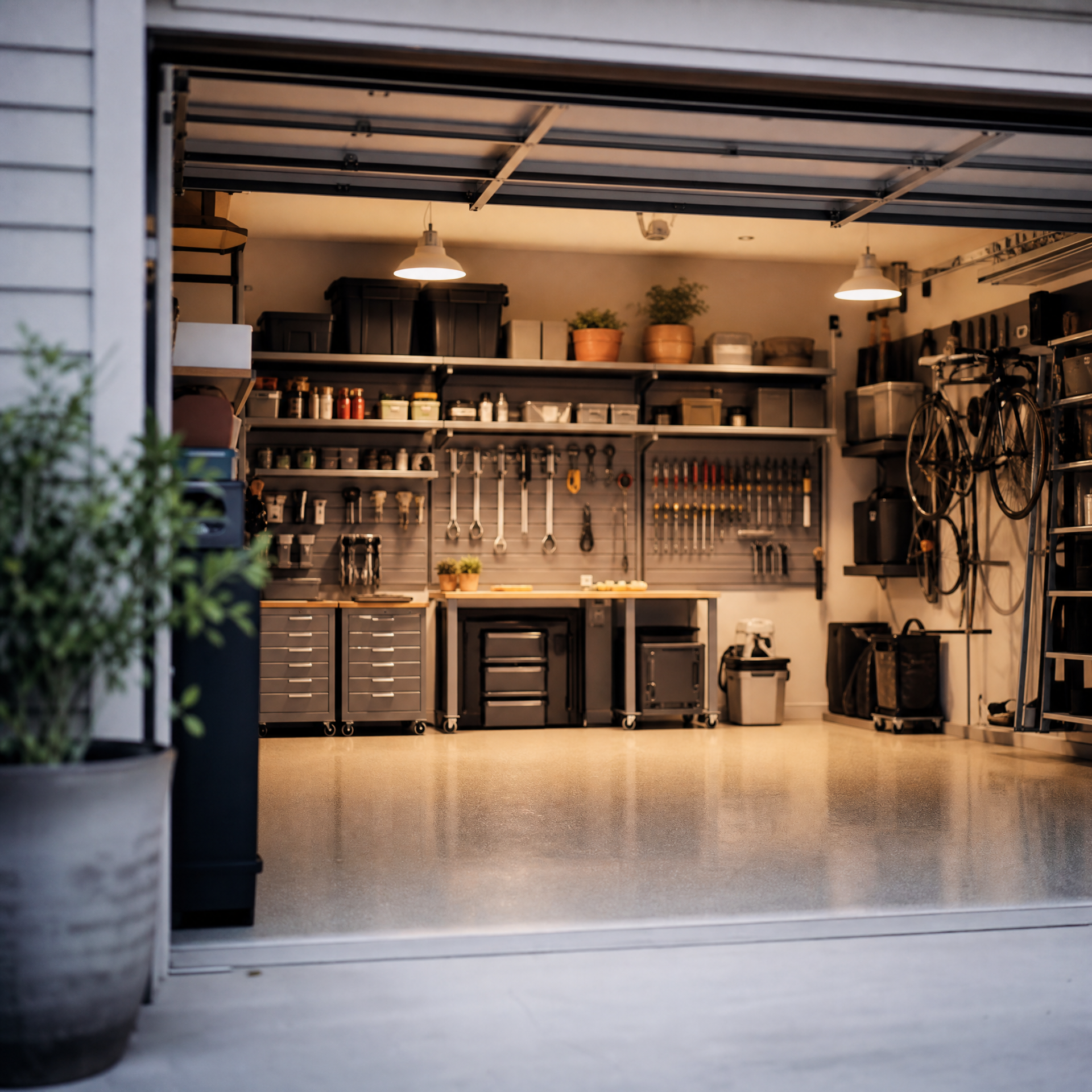 Organized, clean garage in a San Francisco home with wall-mounted storage