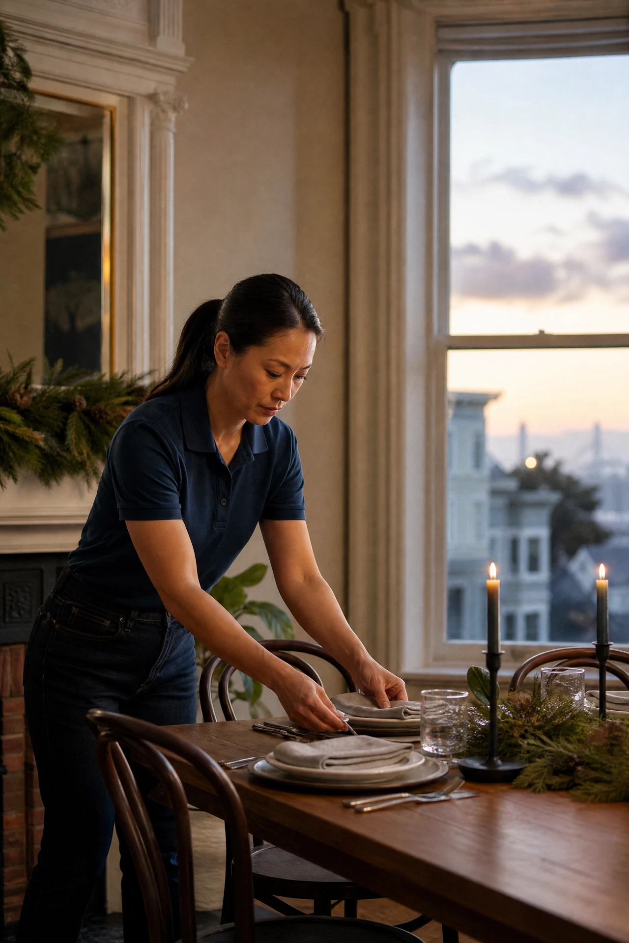 Asian woman cleaner in a navy polo preparing a clean San Francisco dining room for guests