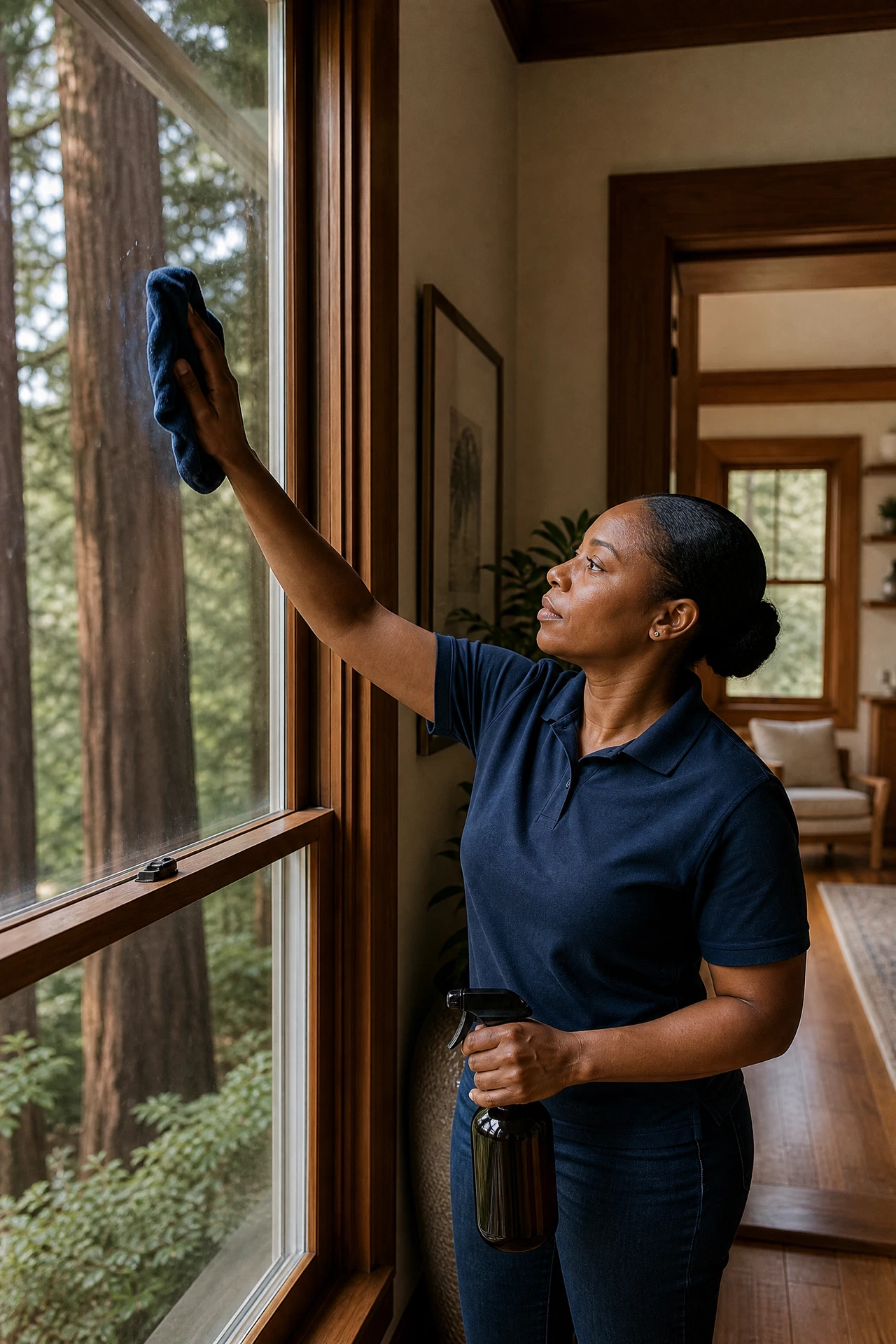 Black woman cleaner in a navy polo polishing a large Marin County Craftsman home window