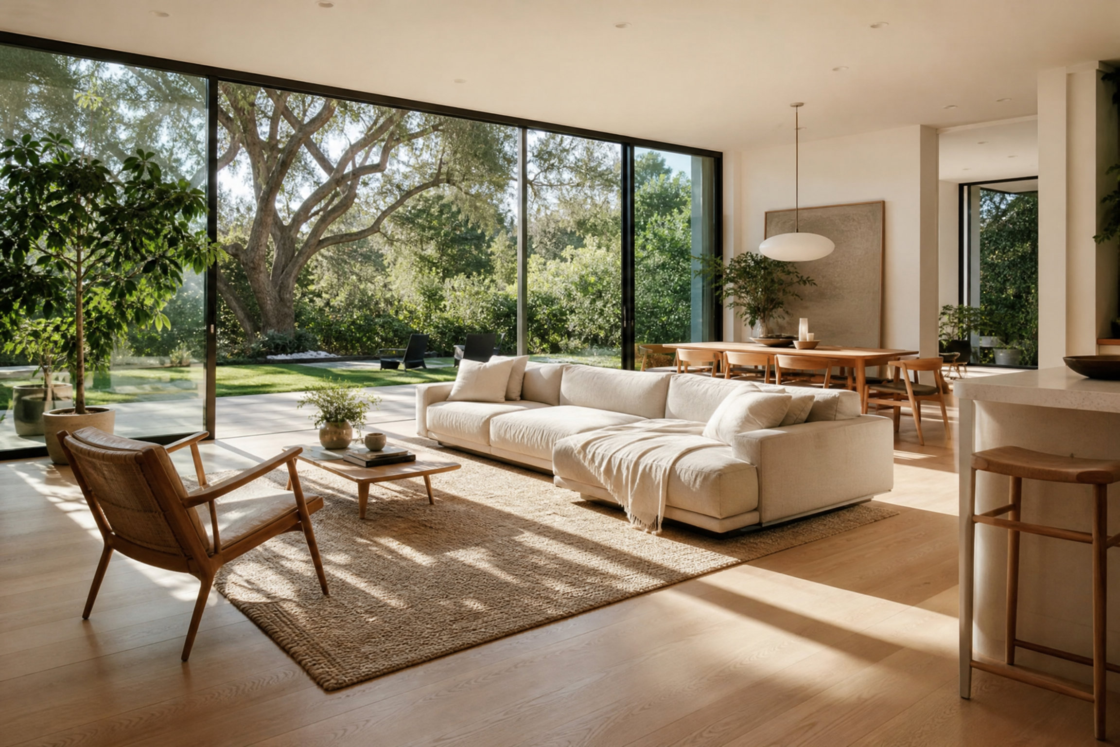 Beautiful sunlit modern California ranch-style home interior in Palo Alto with floor-to-ceiling windows overlooking mature oak trees