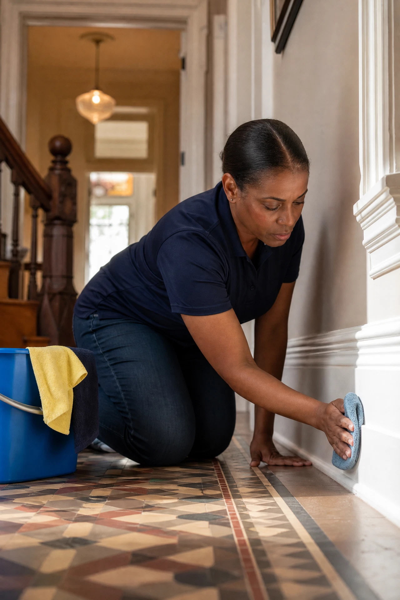 Black woman cleaner in a navy polo wiping white baseboards in a San Francisco Victorian hallway