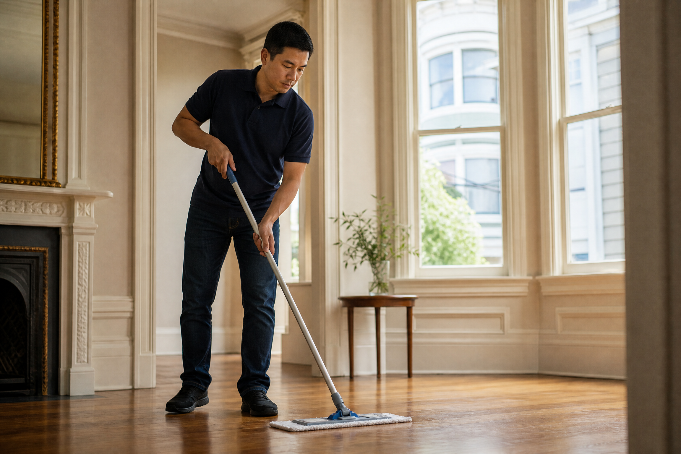 Professional Asian male cleaner mopping wide-plank hardwood floors in a San Francisco Victorian home