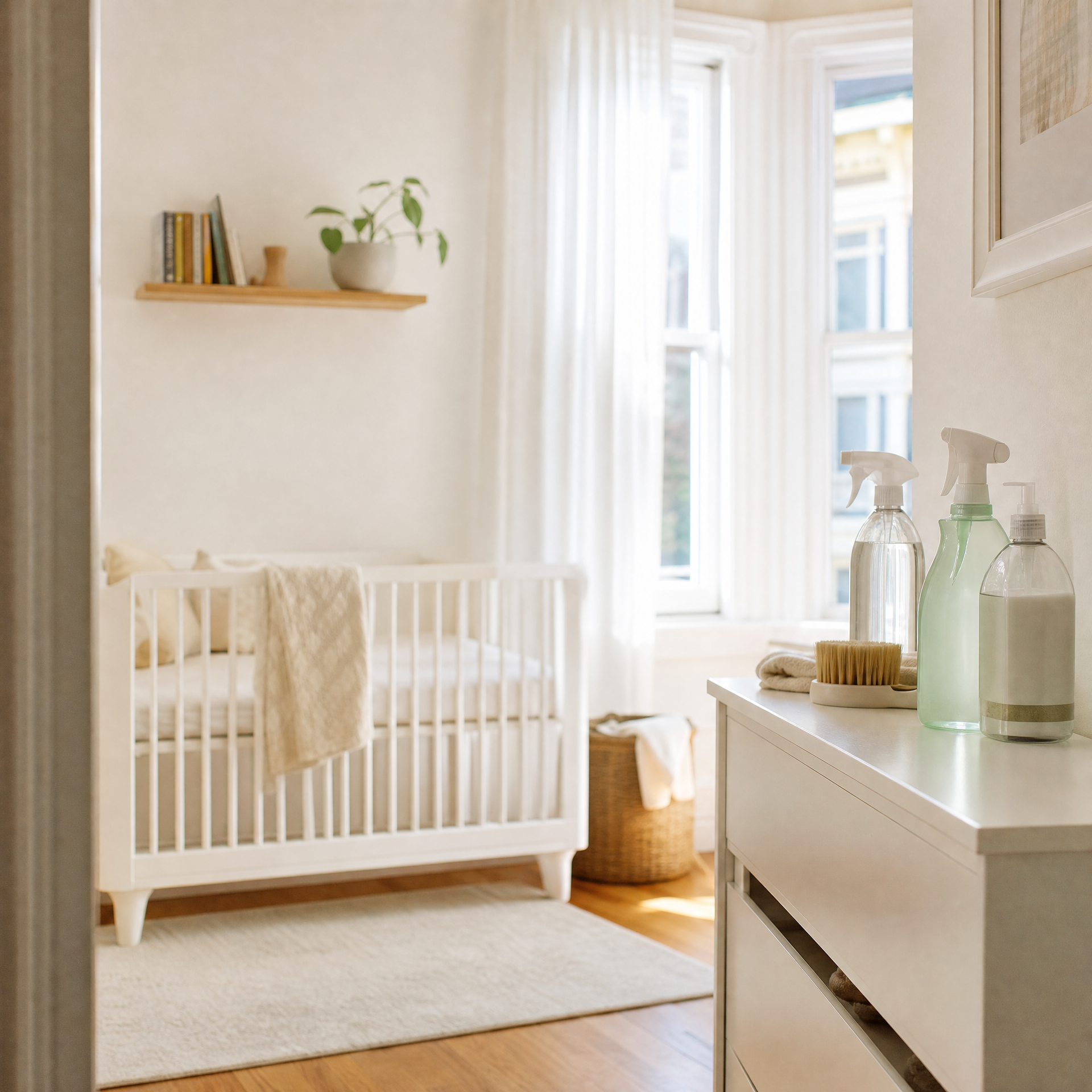 Spotless, serene nursery in a San Francisco home prepared for a newborn