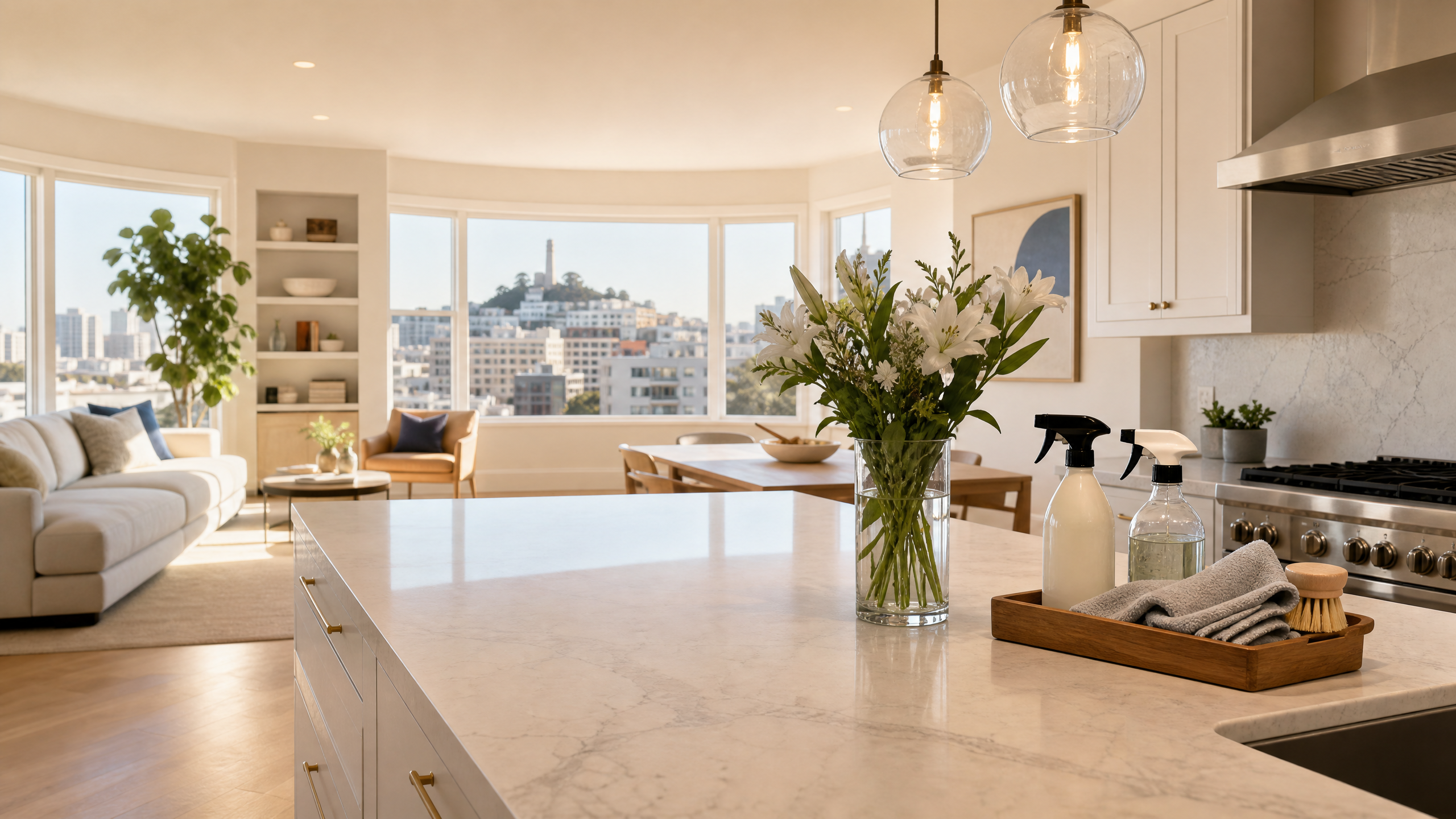 Tidy San Francisco kitchen with cleared countertops ready for a recurring cleaning service visit