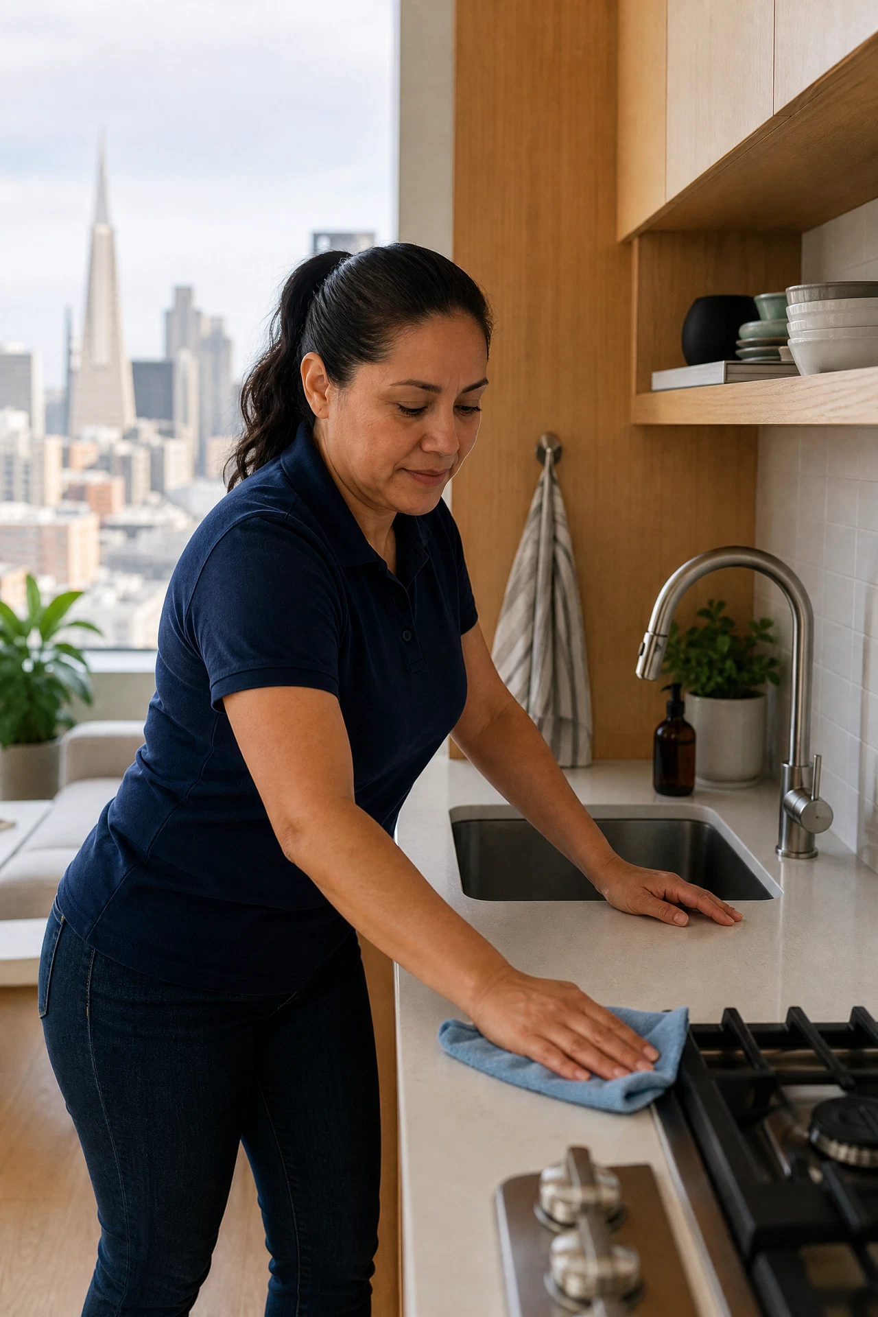 Latina woman cleaner in a navy polo cleaning a compact San Francisco apartment kitchen