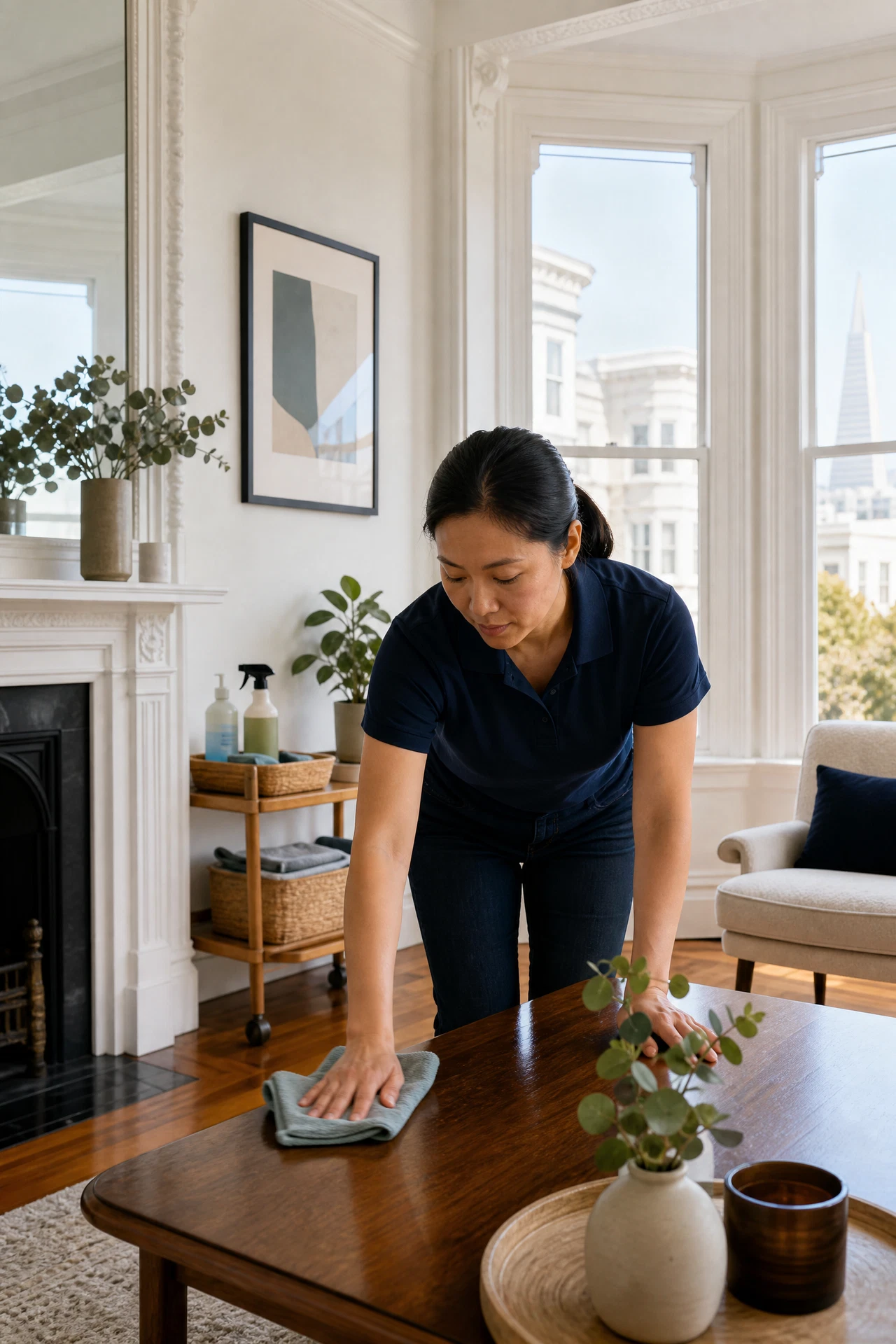Asian woman cleaner in a navy polo polishing a San Francisco Victorian living room table