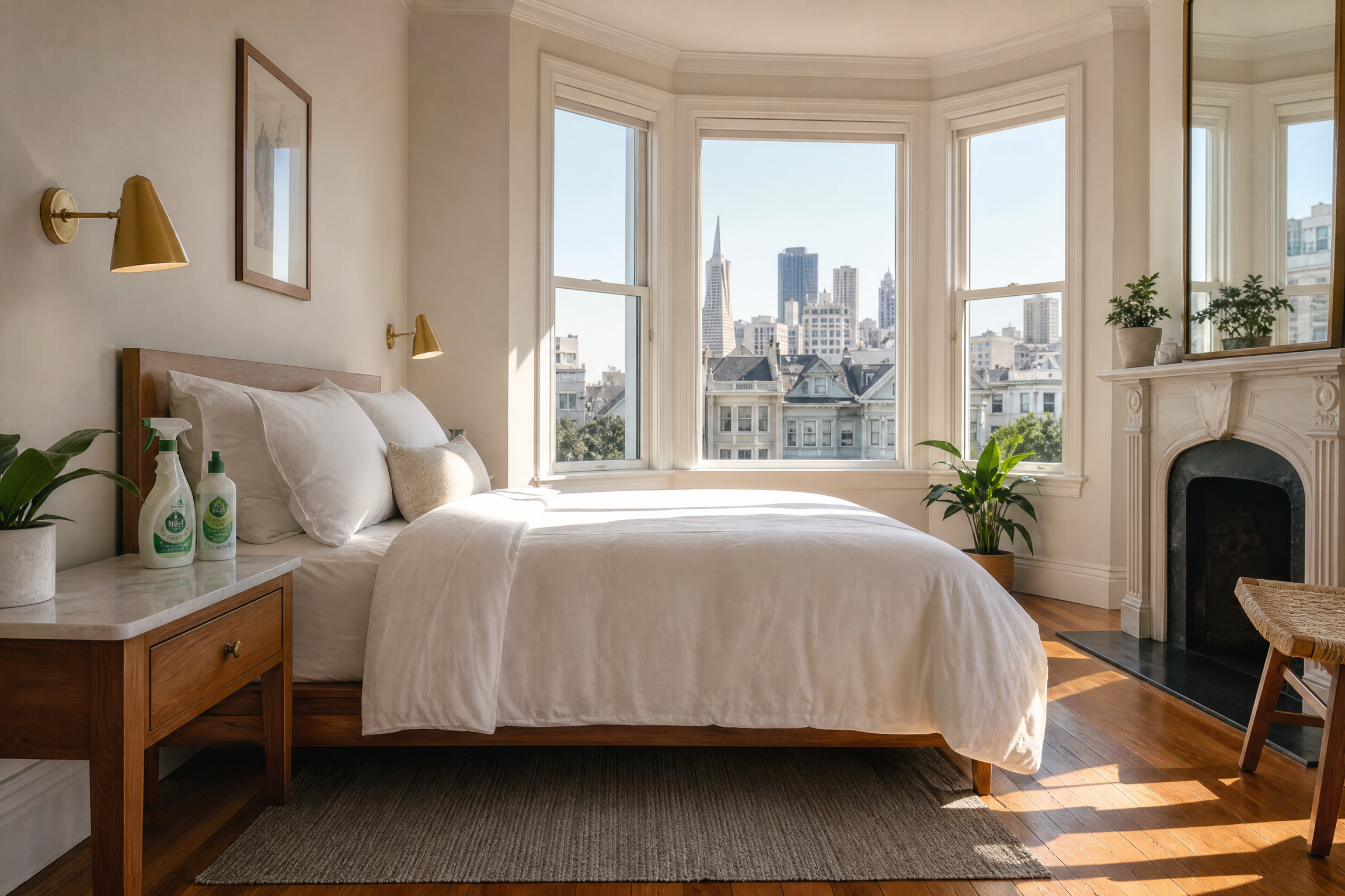 Pristine San Francisco Victorian Airbnb apartment with freshly made white linen bed and bay windows with city views