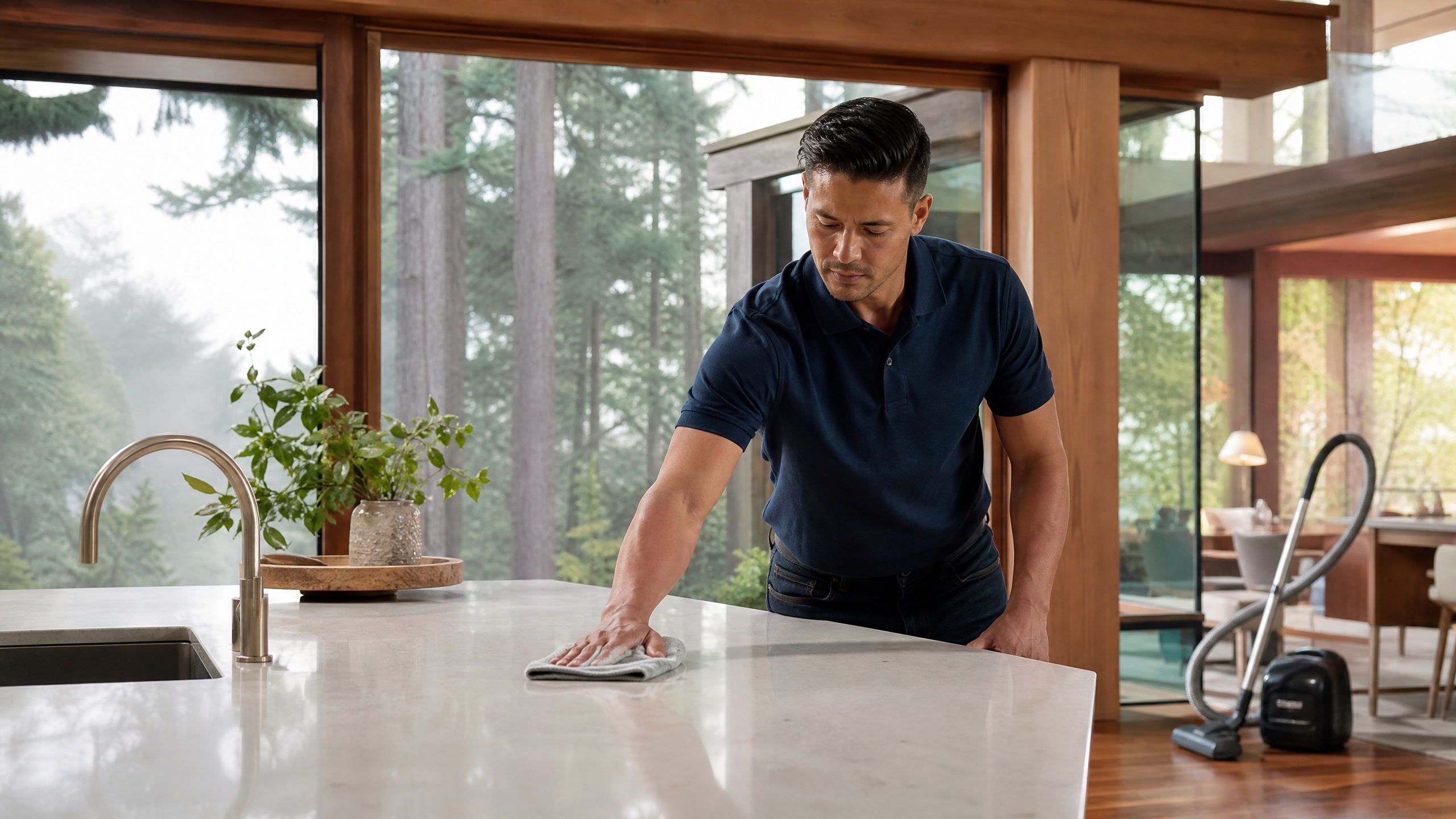 Professional cleaner vacuuming hardwood floors in a Marin County home with large windows and natural light