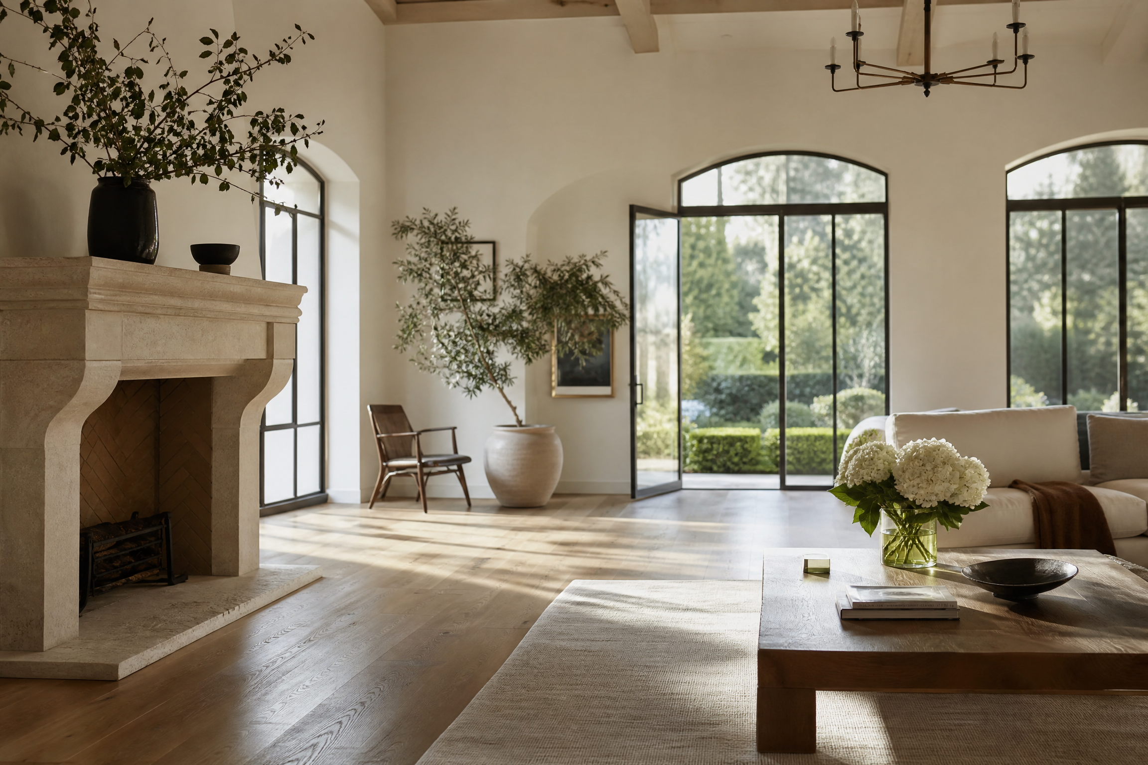 Luxurious living room in a Ross, CA estate, impeccably clean