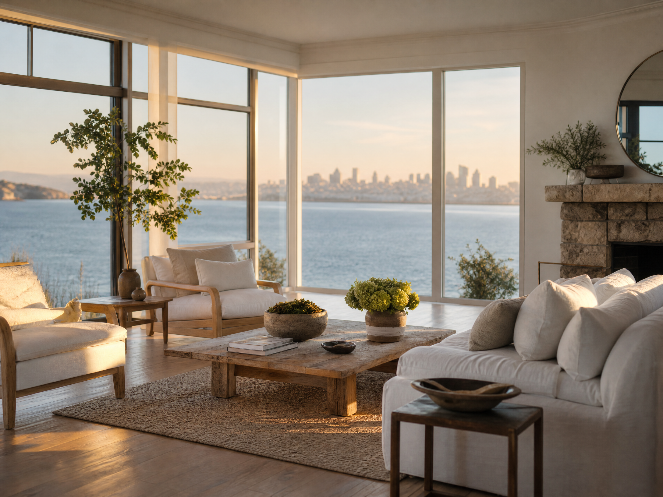 Pristine vacation rental living room in Sausalito with sweeping San Francisco Bay views through floor-to-ceiling windows