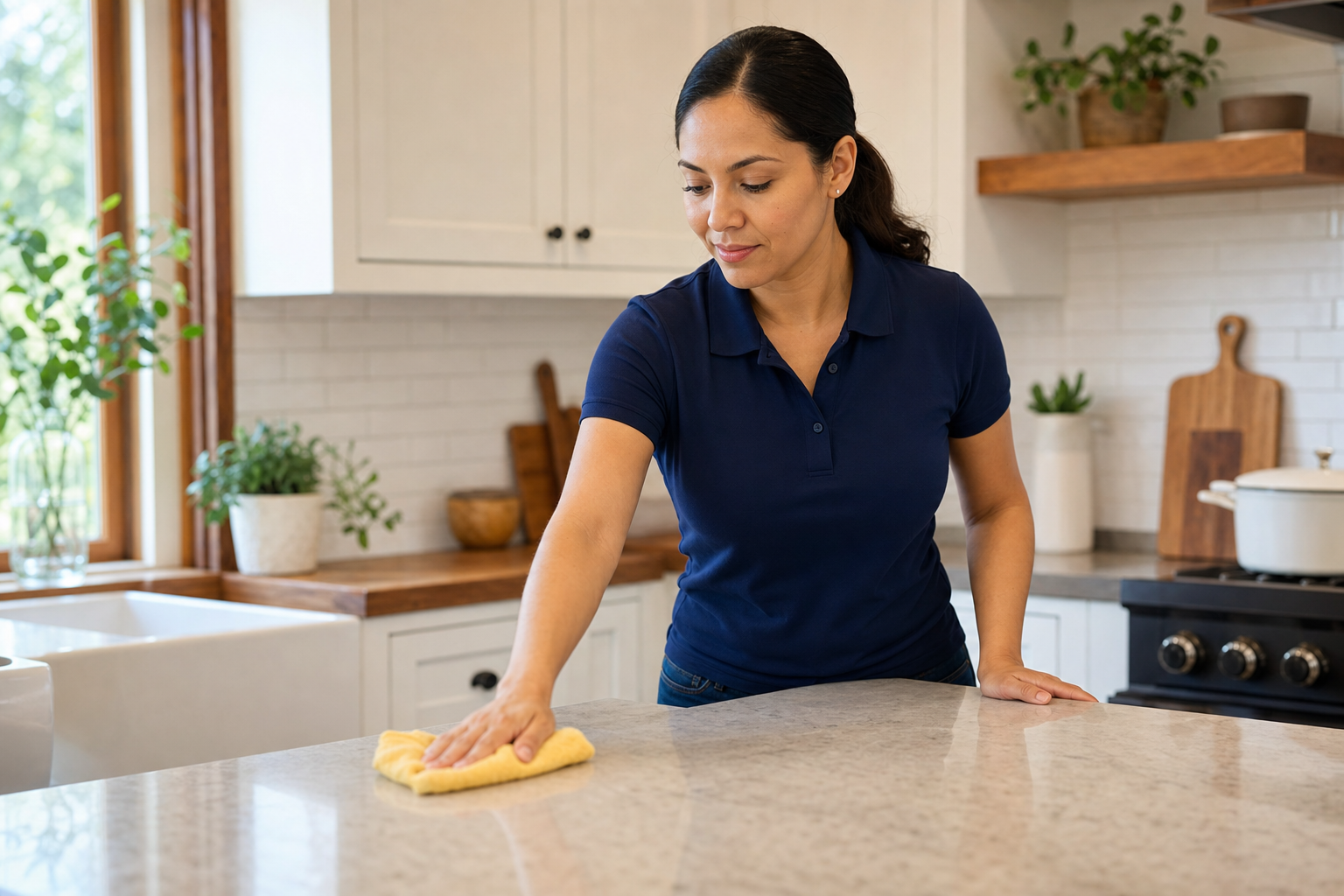 Green Planet cleaner wiping a Healdsburg commercial space with eco-friendly yellow microfiber