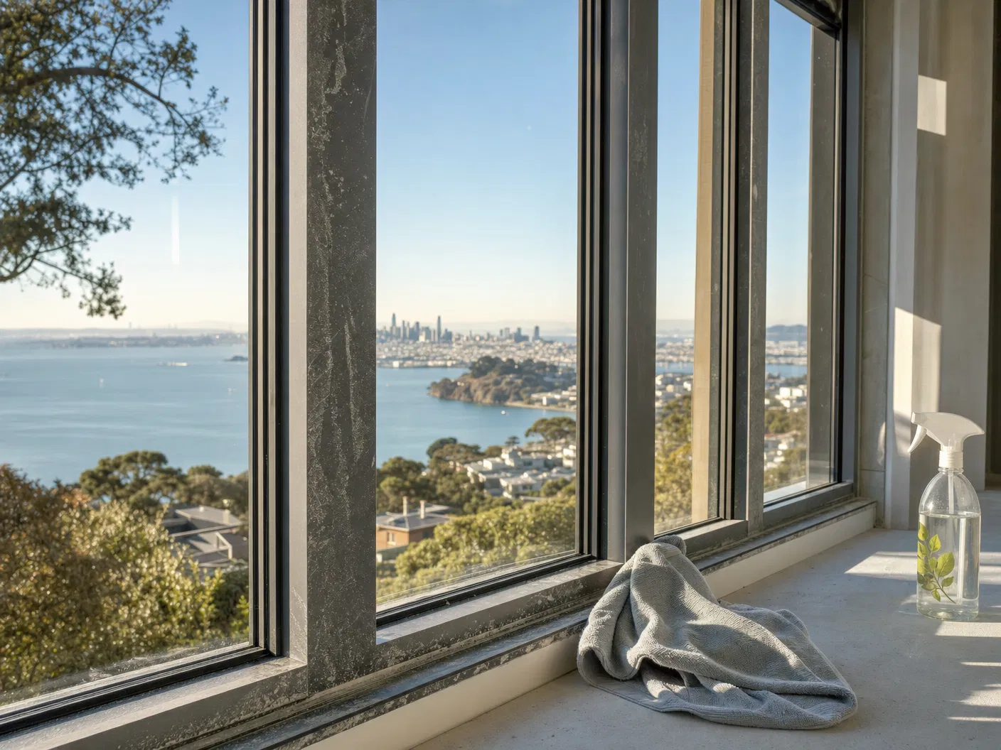 Bay-view windows in a Tiburon home with construction dust on the frame being cleaned with microfiber cloth — San Francisco skyline visible through the glass