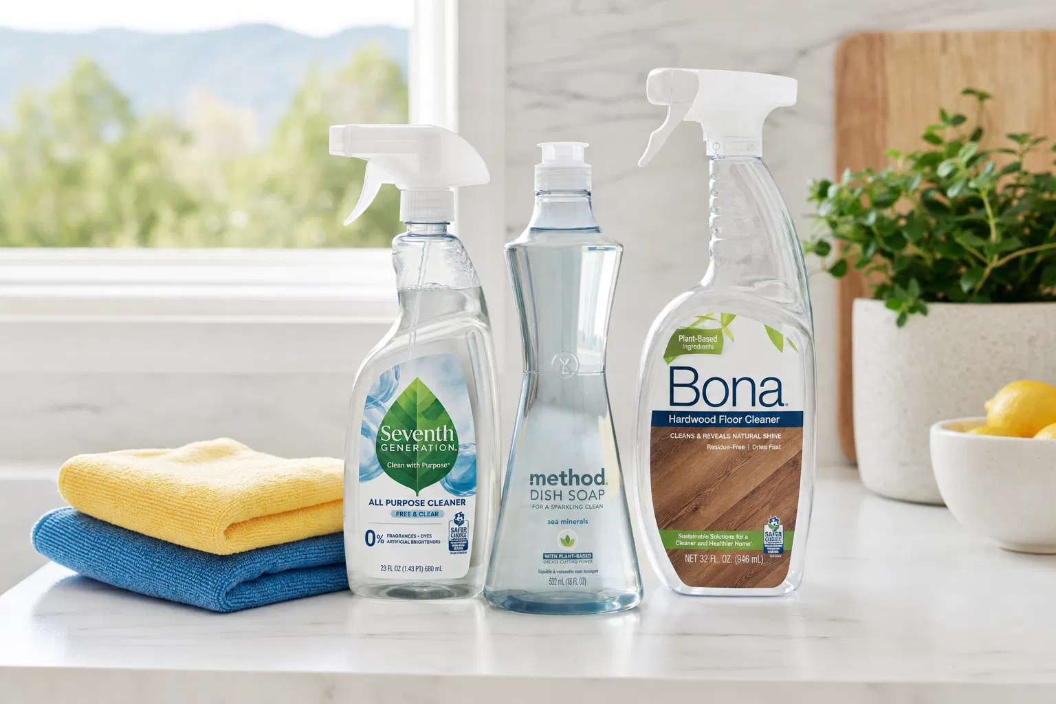 Eco-friendly cleaning products — Seventh Generation, Method, and Bona — with color-coded microfiber cloths