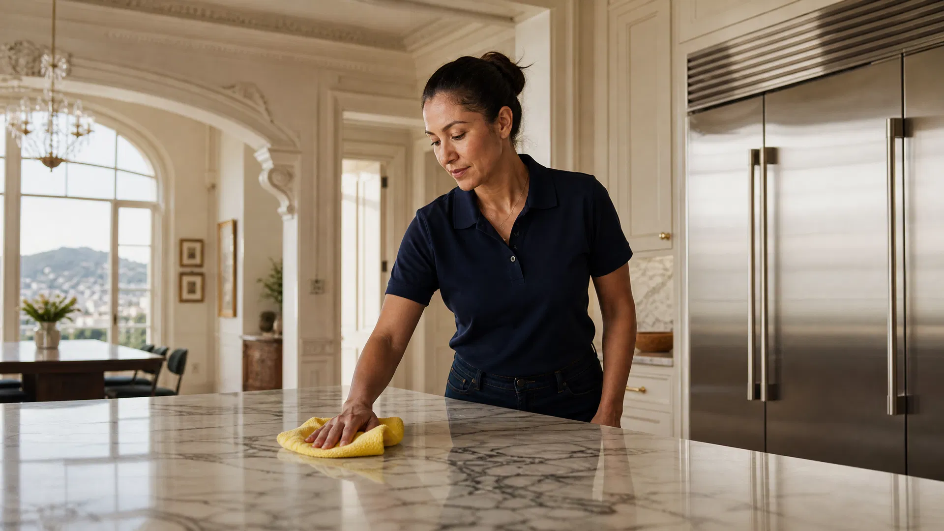 Green Planet cleaning team caring for a grand San Francisco estate with marble floors and high ceilings