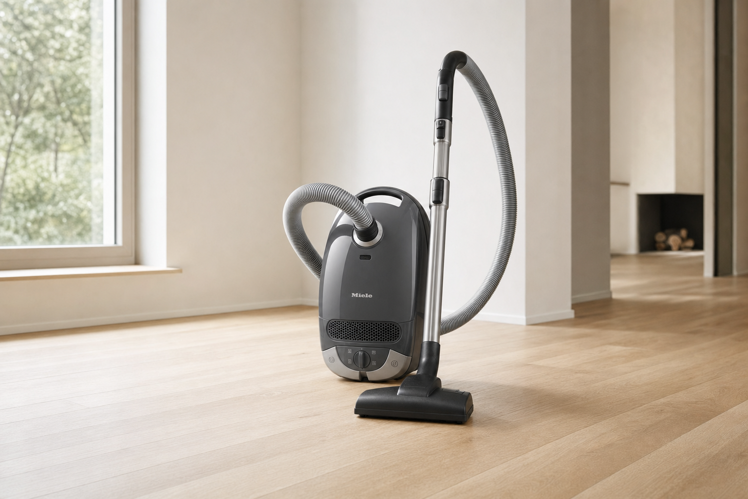 Miele Classic C1 canister vacuum on a freshly installed hardwood floor after post-construction cleaning — Green Planet Cleaning Services