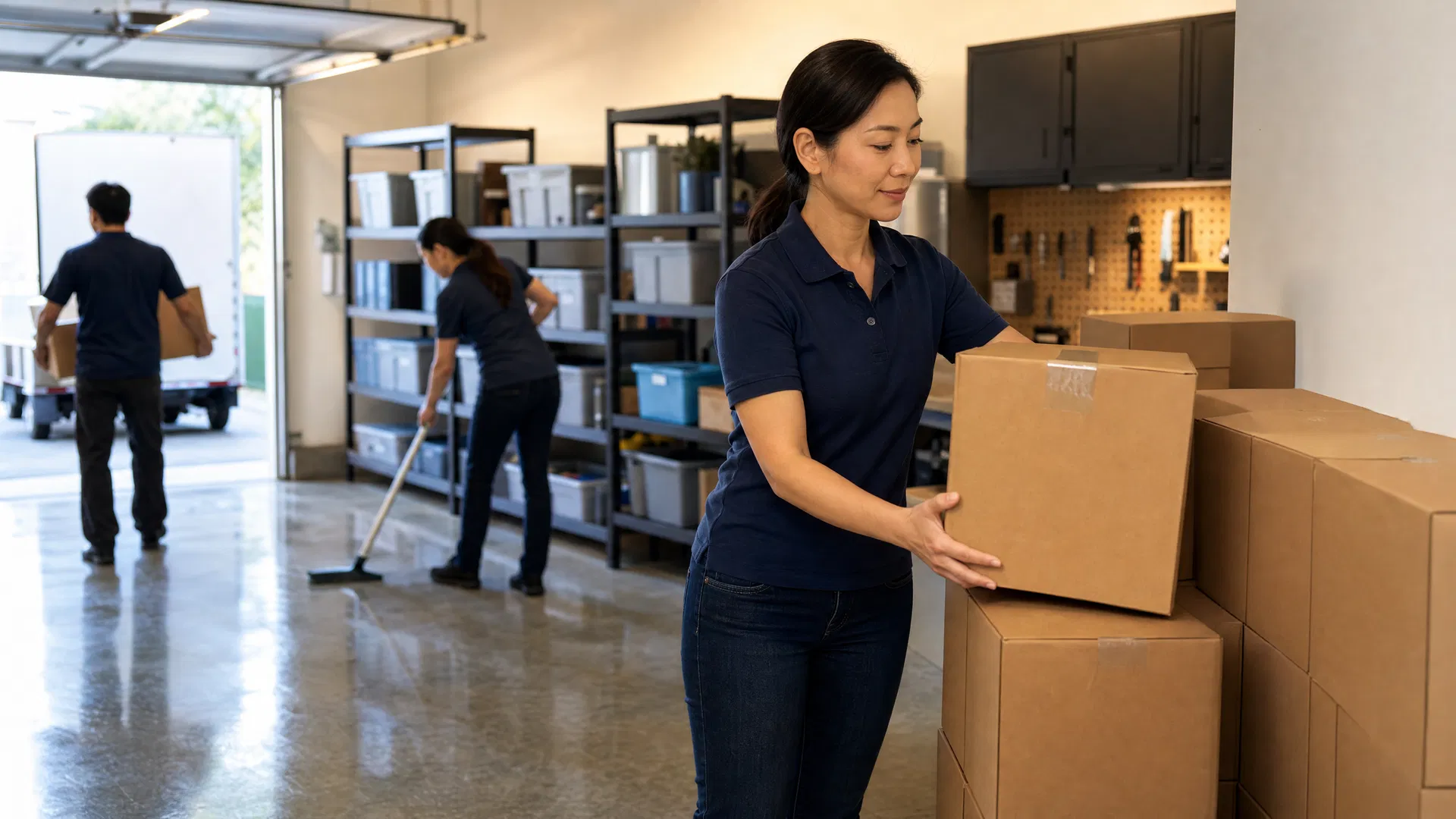 Asian professional cleaner organizing labeled cardboard boxes in a clean San Francisco garage while team members mop the floor in the background — Green Planet Cleaning Services