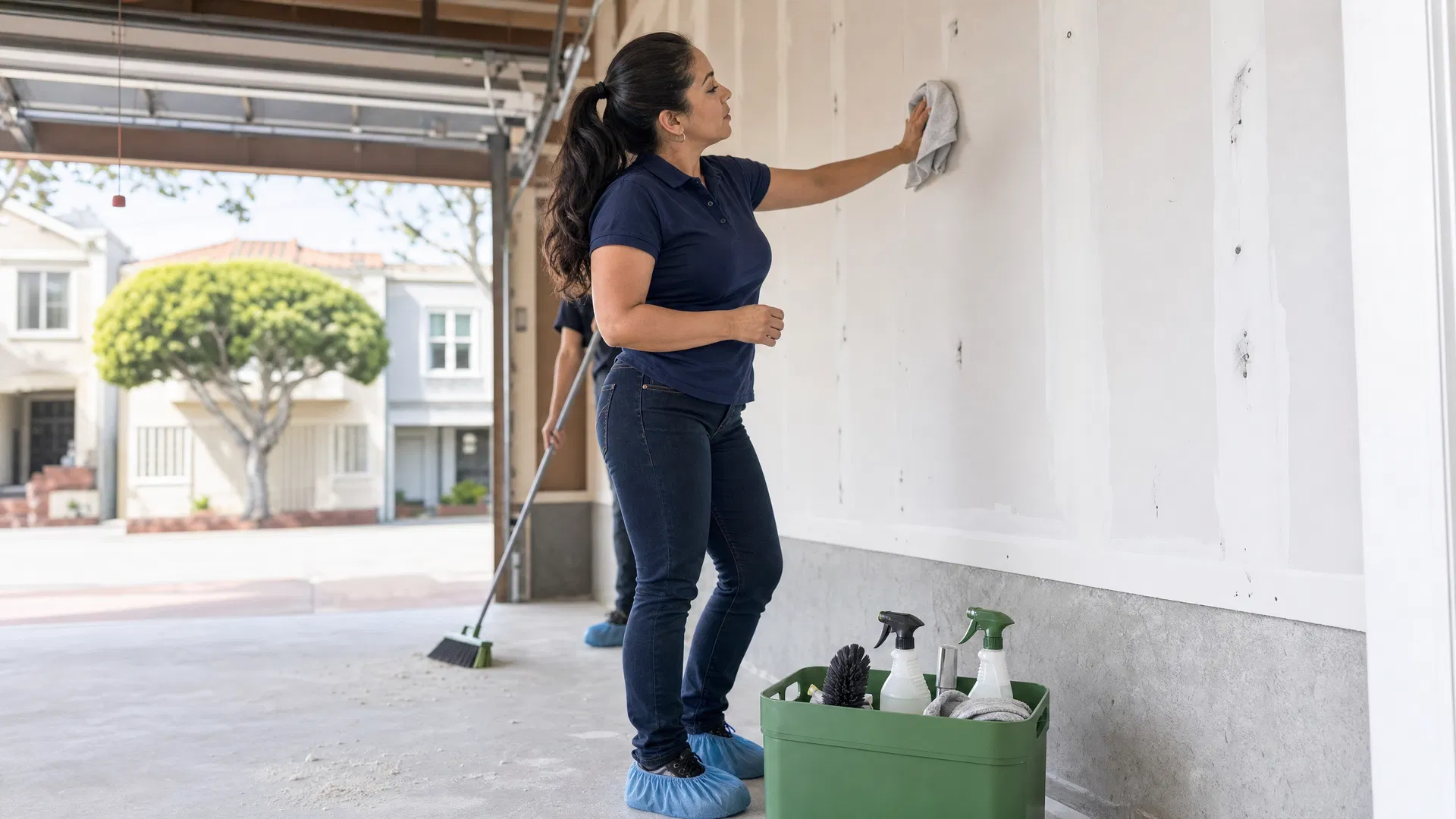 Latina professional cleaner in shoe covers wiping post-construction drywall dust from a newly renovated garage wall in San Francisco — Green Planet Cleaning Services