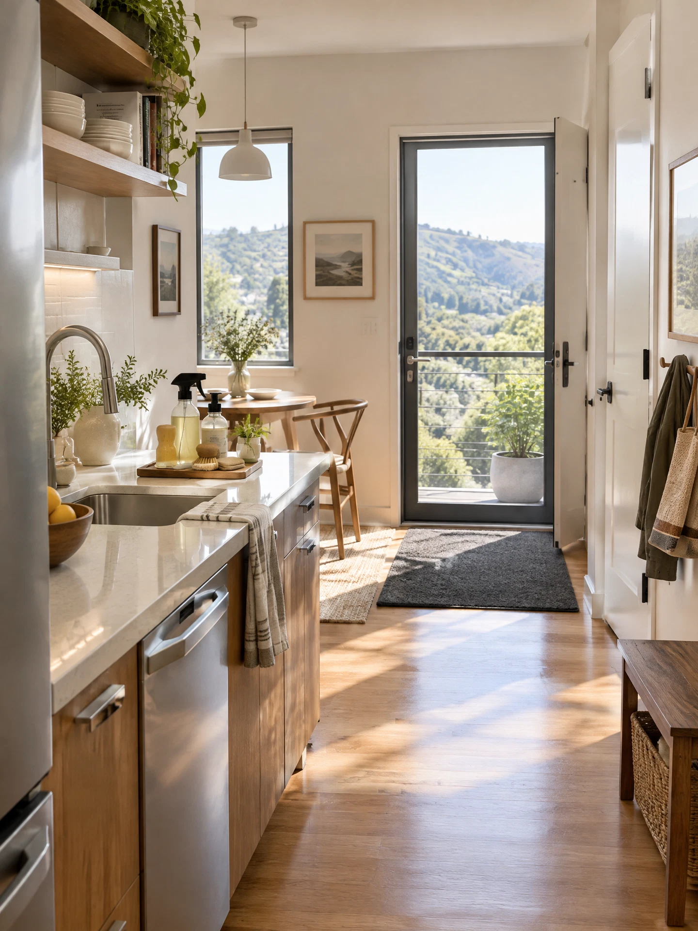 Freshly cleaned compact Marin County apartment kitchen and entryway with warm oak floor and hillside view