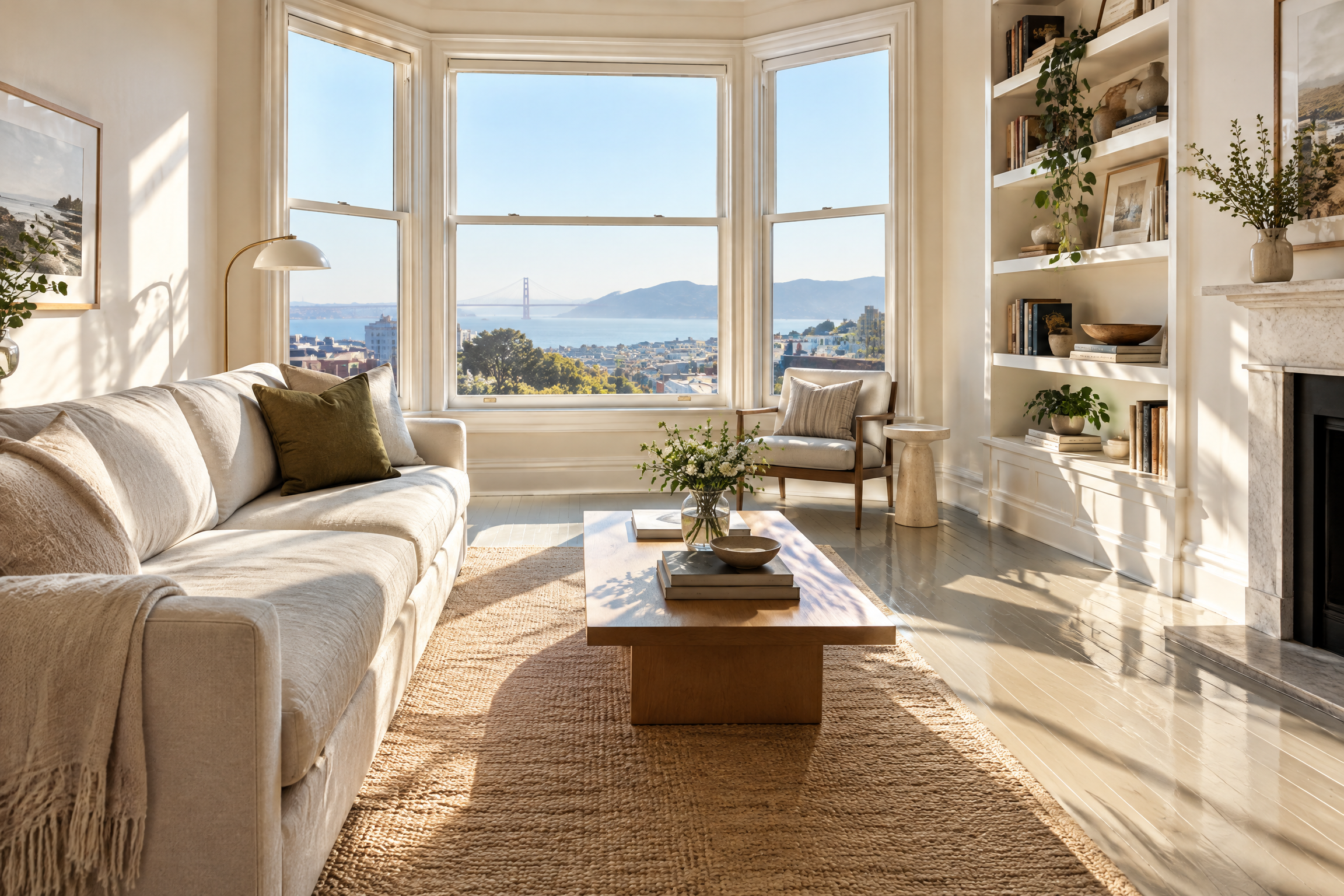 Bright, clean San Francisco apartment living room with bay windows, light furnishings, and painted wood floors