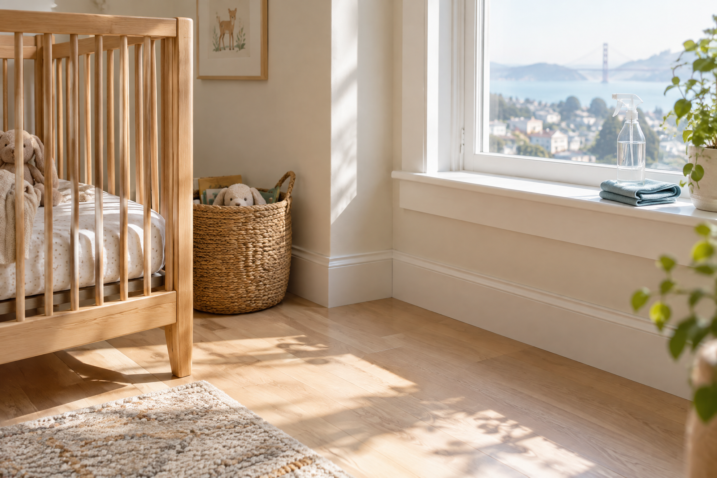 Sunlit nursery with sealed hardwood floor, natural wood crib, and unbranded cleaner stored on a high windowsill