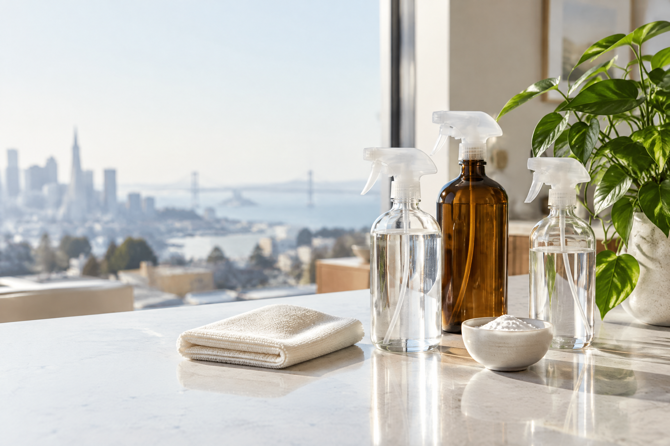 Editorial still life of unbranded all-purpose cleaning bottles, microfiber cloth, and houseplant on a sunlit kitchen counter