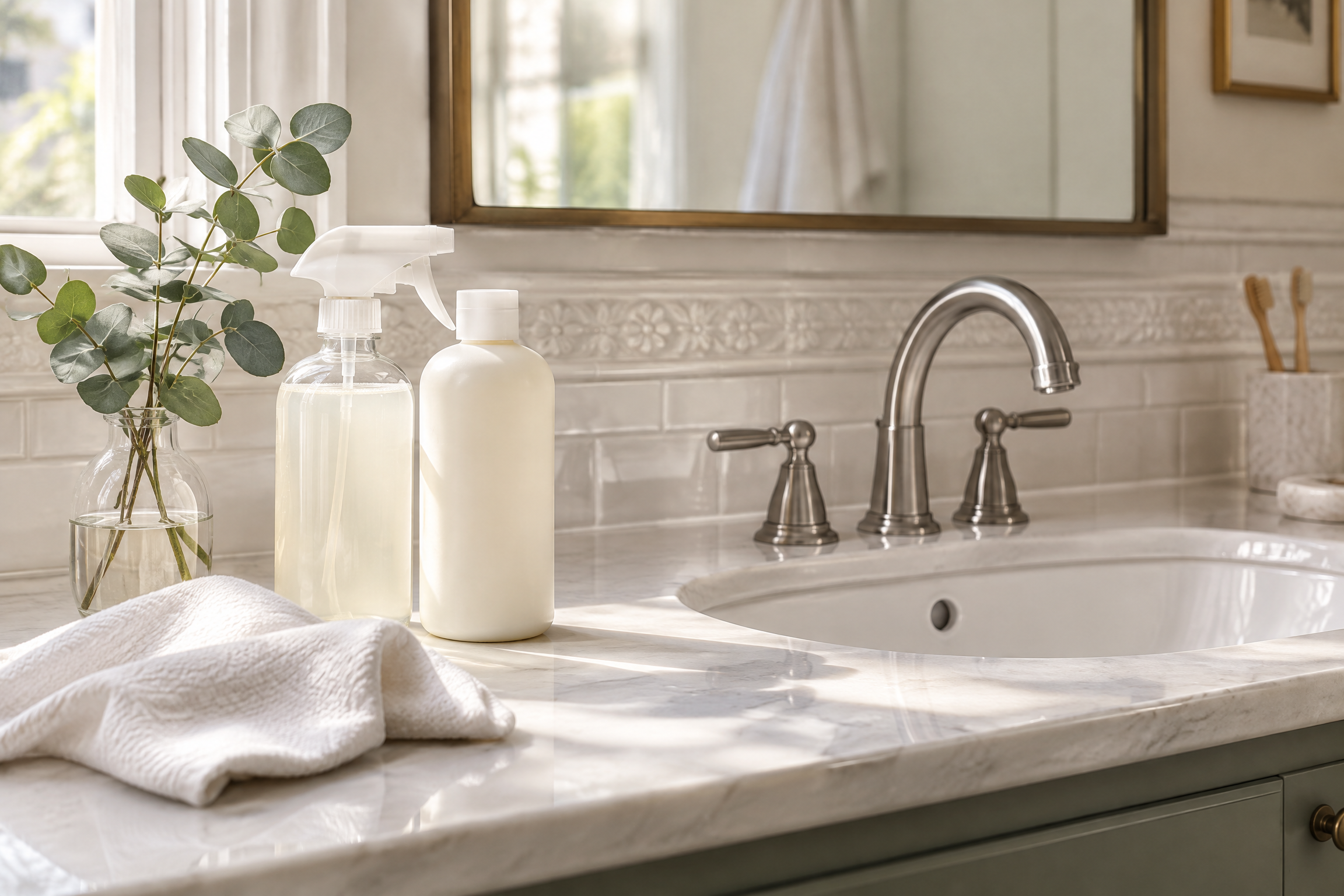 Editorial still life of unbranded bathroom cleaners and a cloth on a bright vanity counter