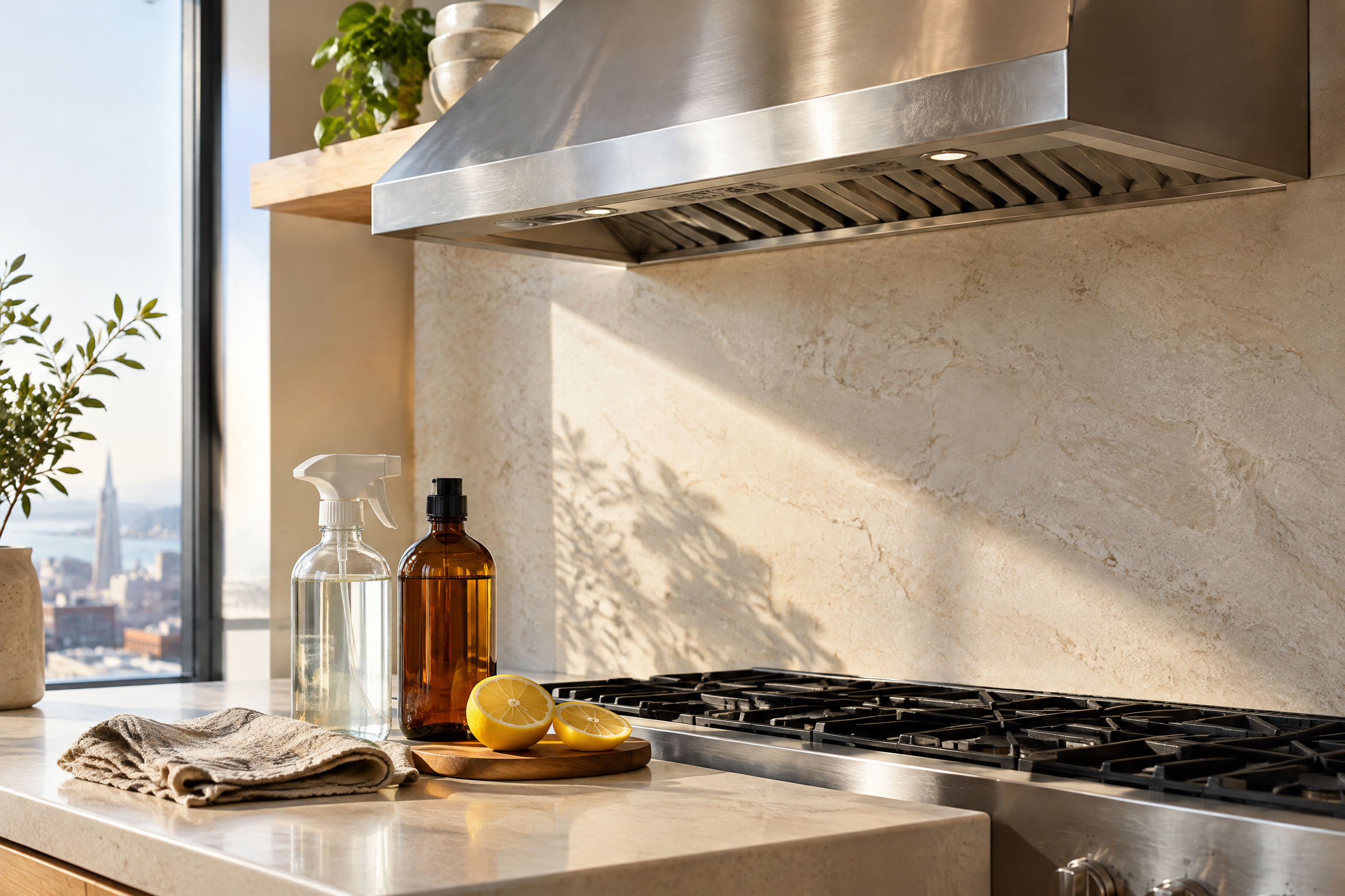 Editorial still life of unbranded cleaners, lemons, and cloth beside a stainless kitchen range