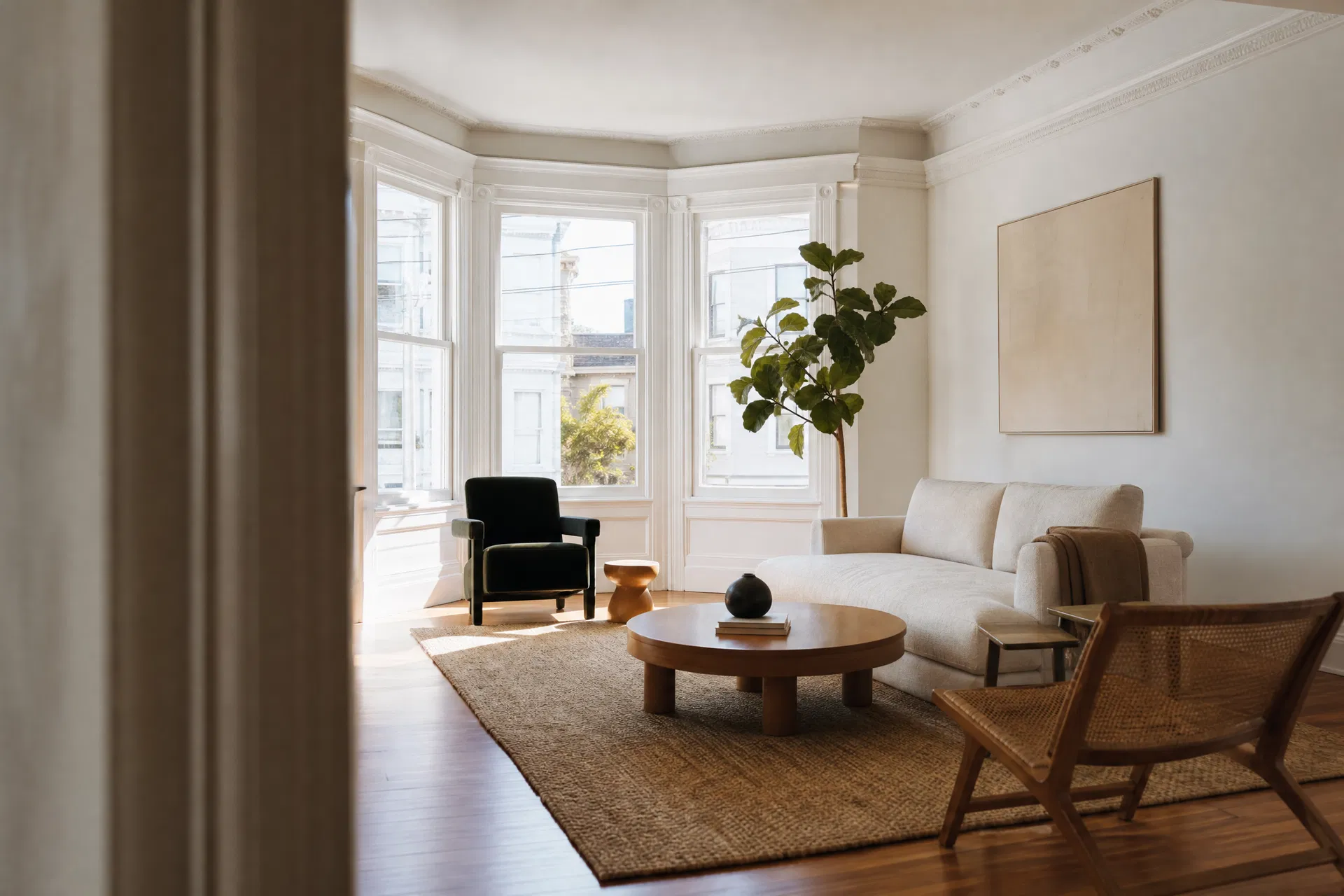 Bright, sunlit San Francisco Victorian living room freshly cleaned on a biweekly schedule