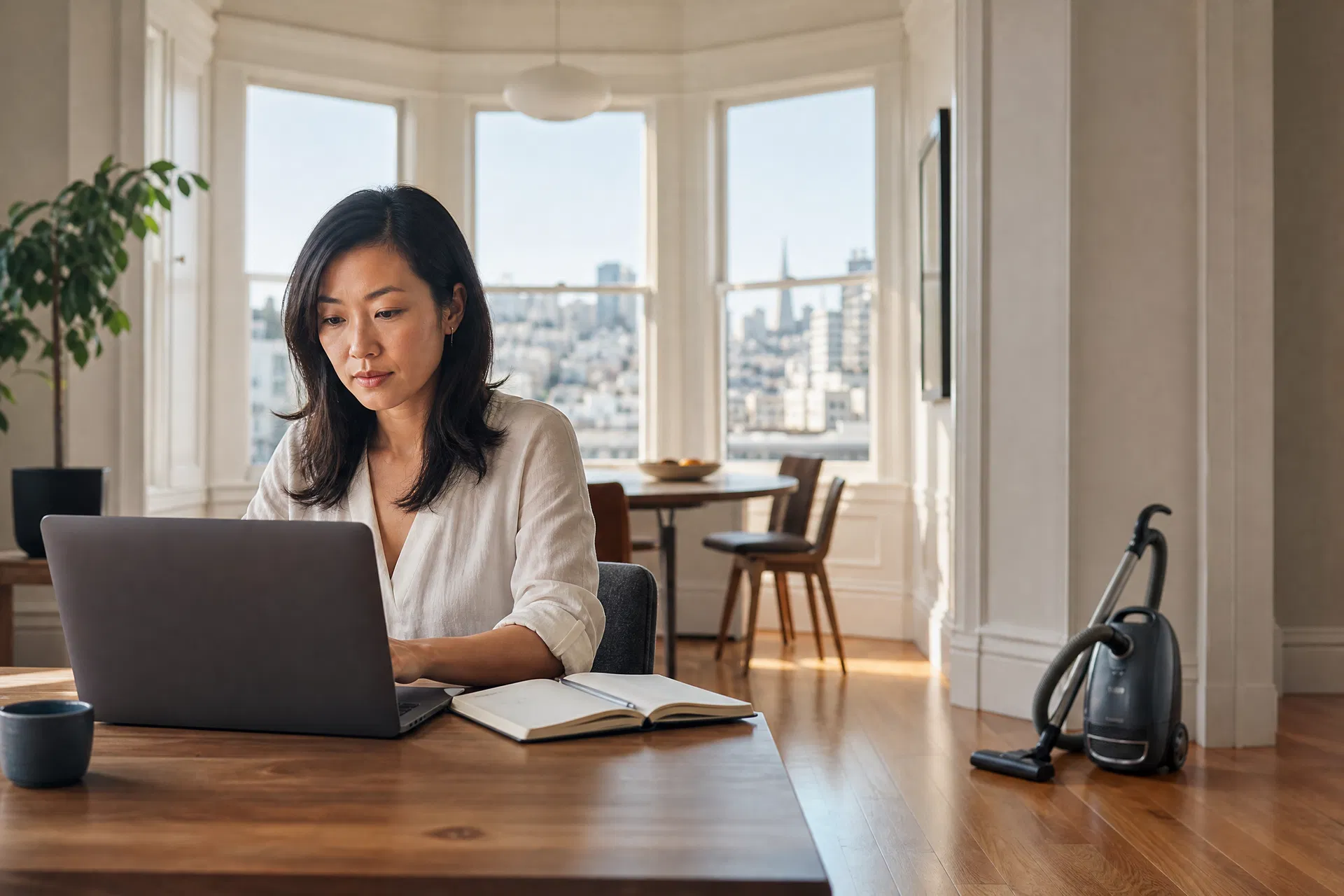 Professional woman working at a clean desk in a bright San Francisco Victorian apartment with bay windows and city views