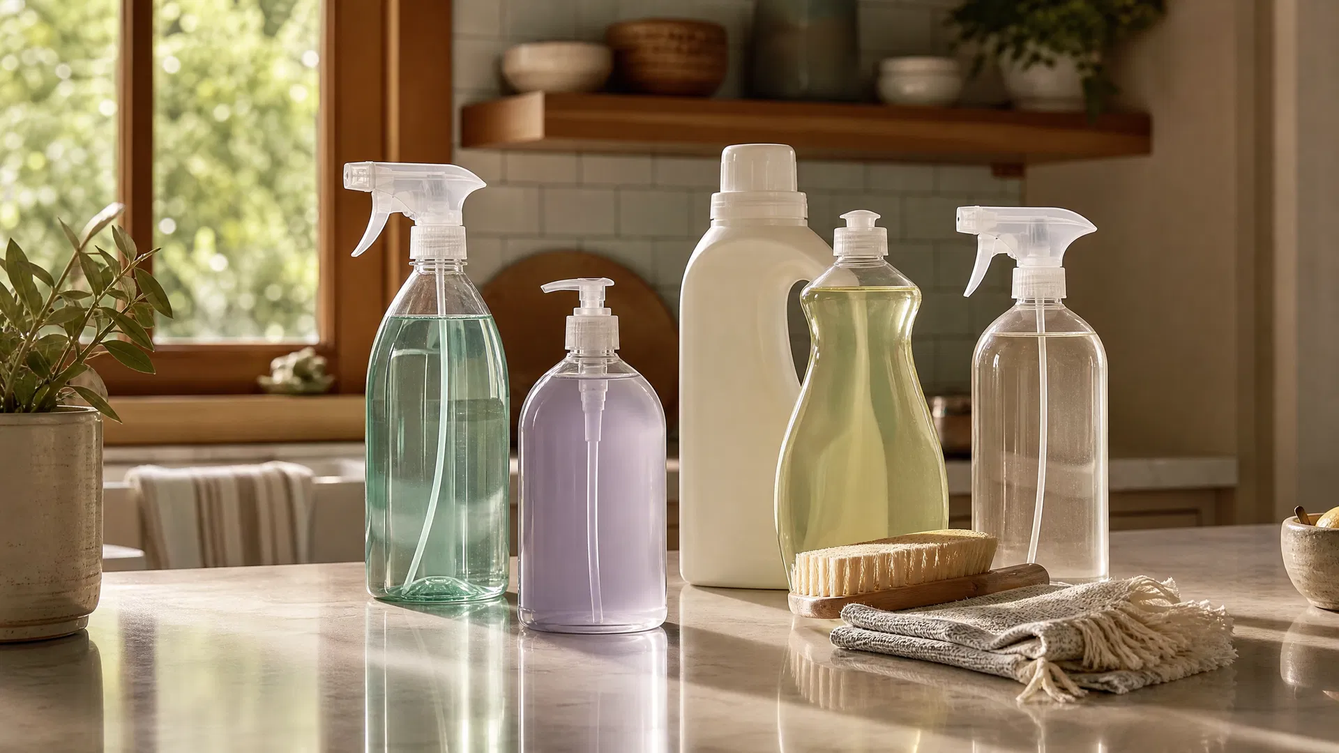 Eco-friendly cleaning products on a quartz countertop in a Marin County kitchen