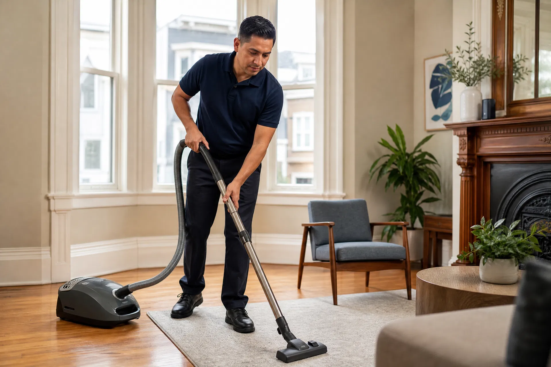 Professional cleaner vacuuming a San Francisco Victorian living room on a recurring cleaning subscription
