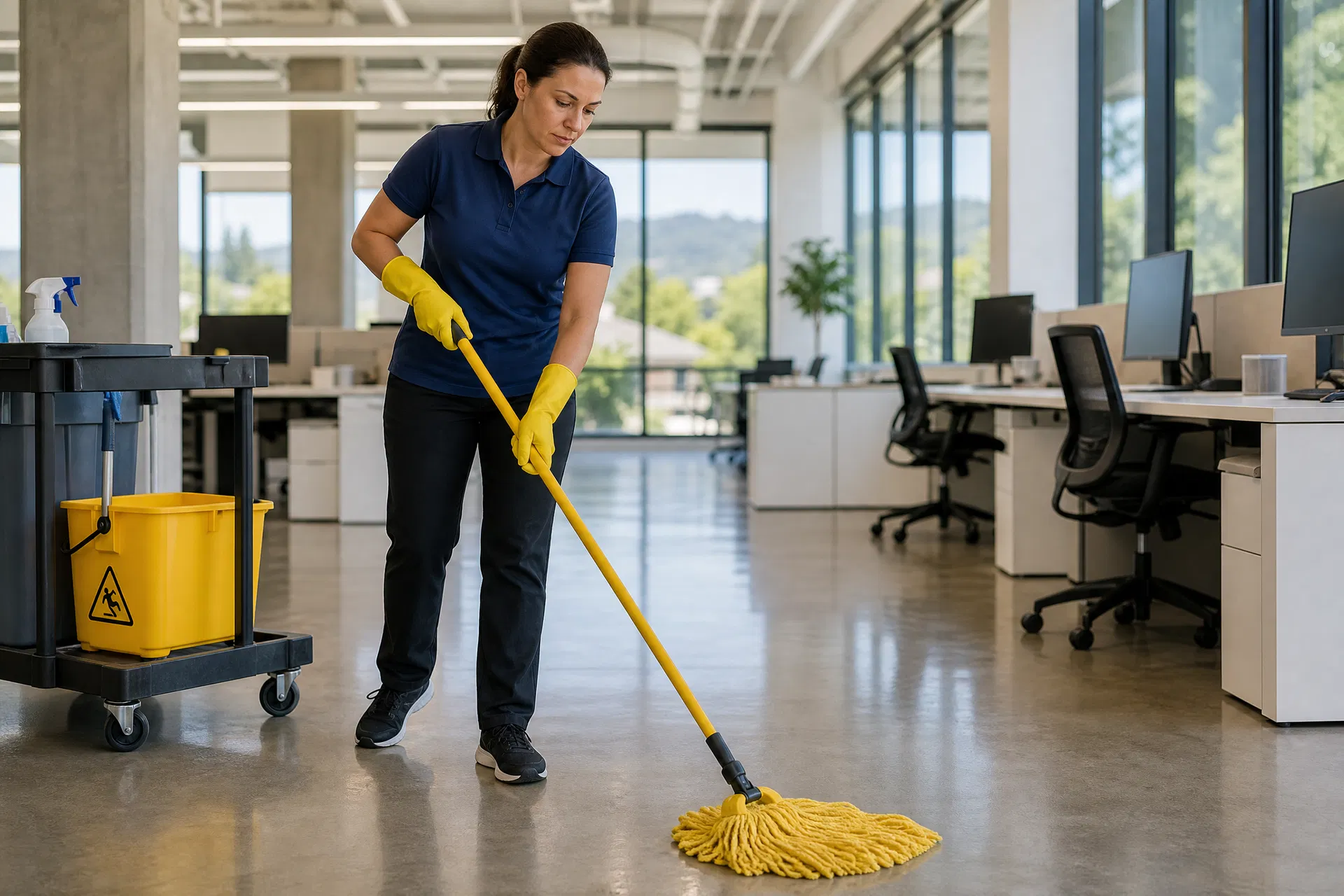 Professional cleaner in plain navy polo with yellow gloves mopping a commercial office floor in Santa Rosa