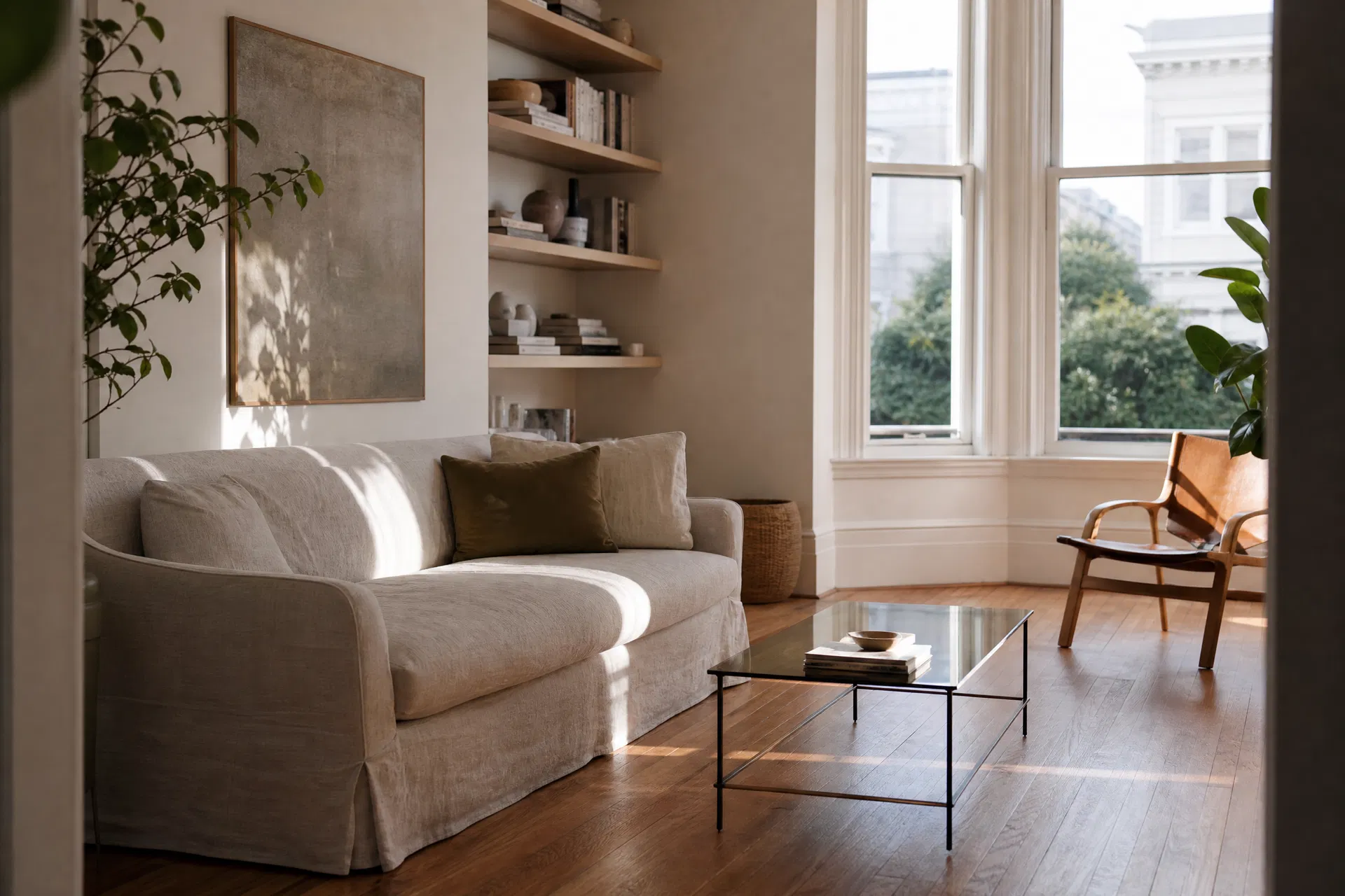 Beautifully decluttered San Francisco Victorian living room with open shelves and bay windows