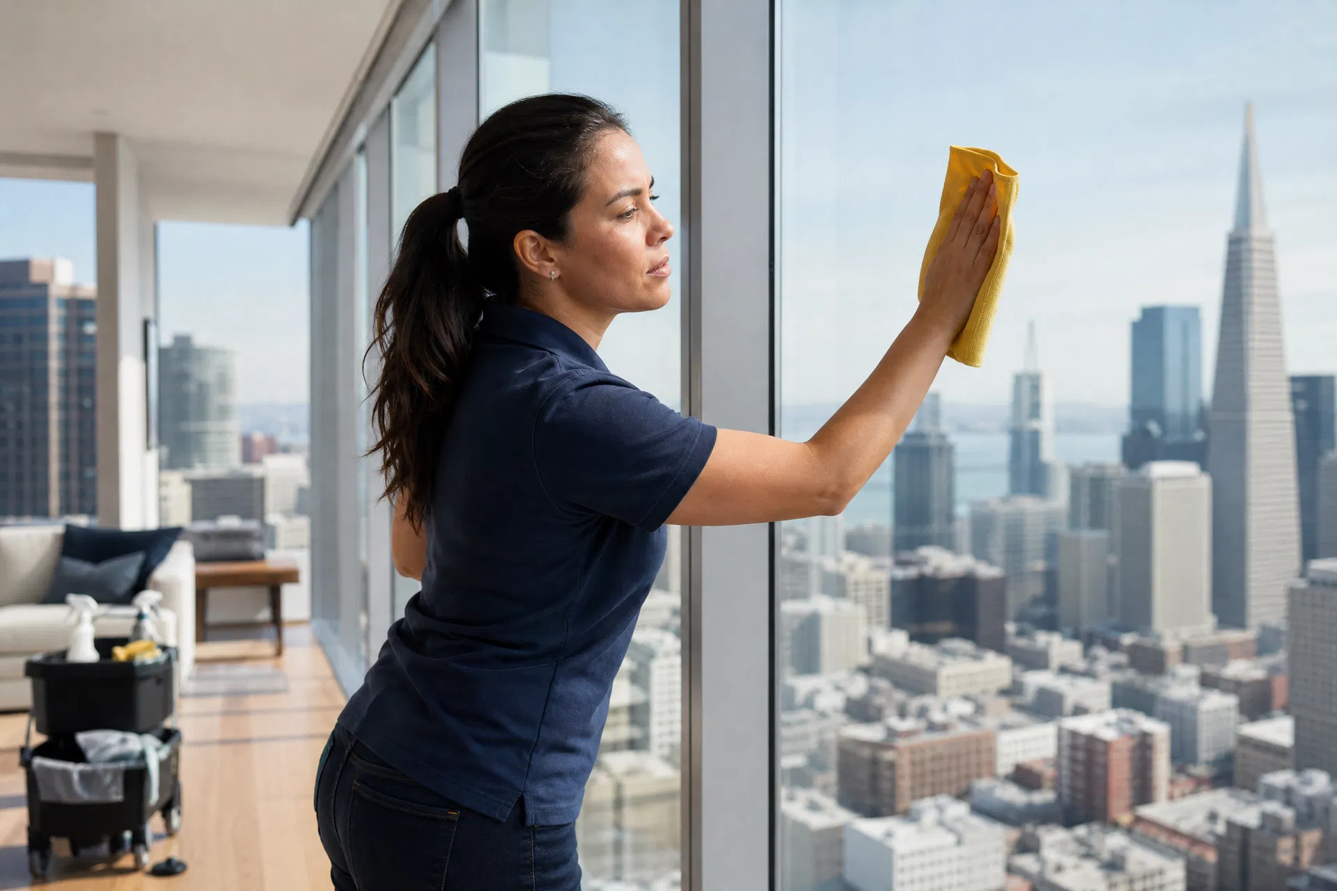 Professional cleaning floor-to-ceiling windows in a San Francisco high-rise condo