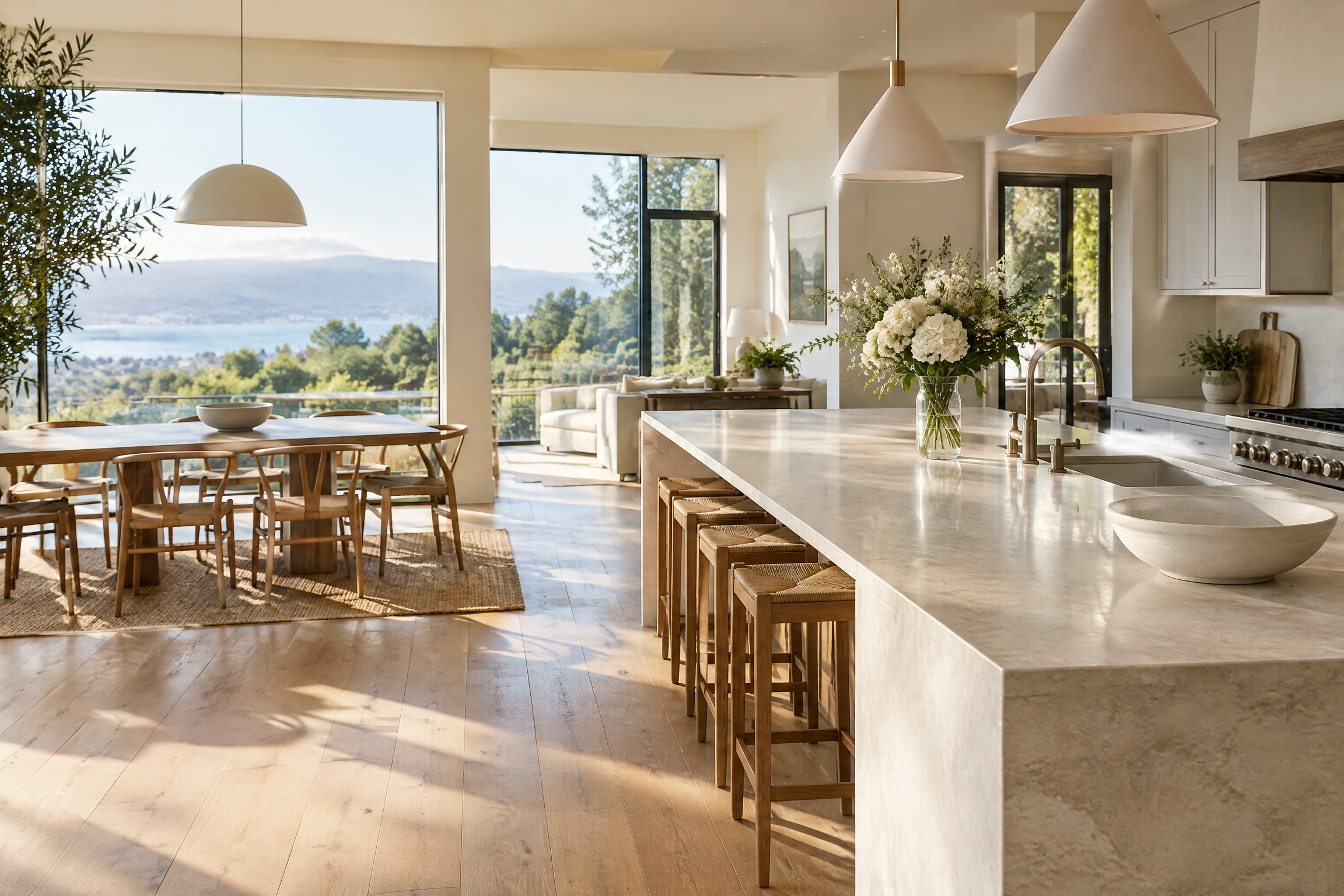 Sunlit, meticulously clean Marin County kitchen and dining area with pale stone counter and bay view