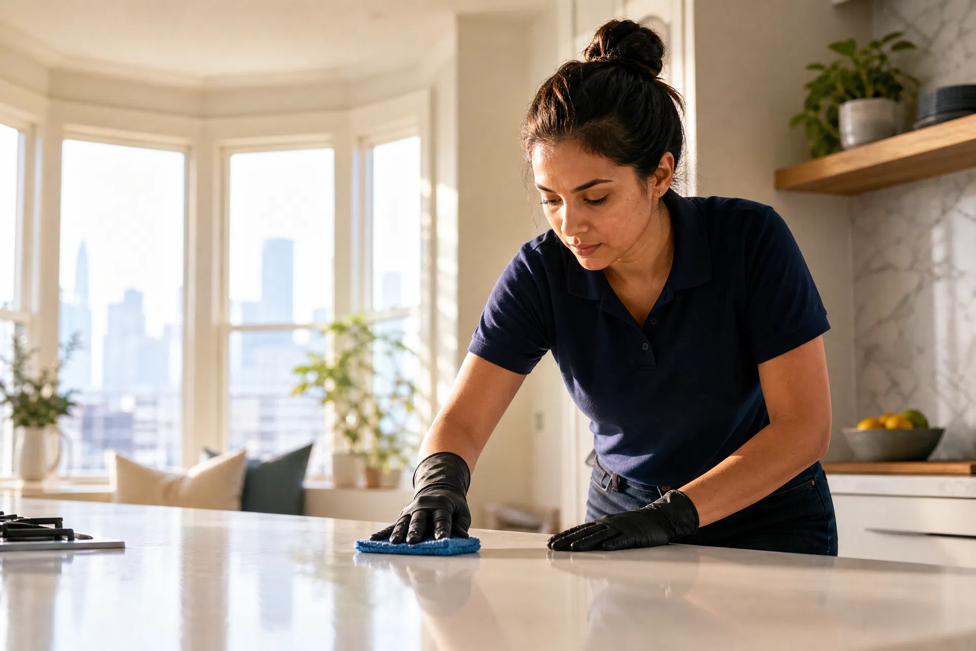 Professional deep cleaning a San Francisco kitchen countertop with yellow cloth