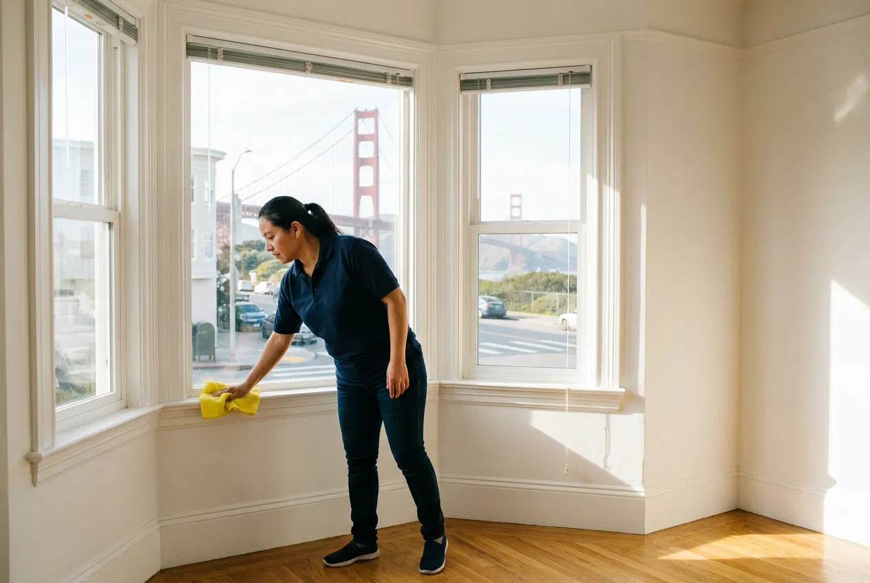 Professional deep cleaning a Marina District San Francisco living room window
