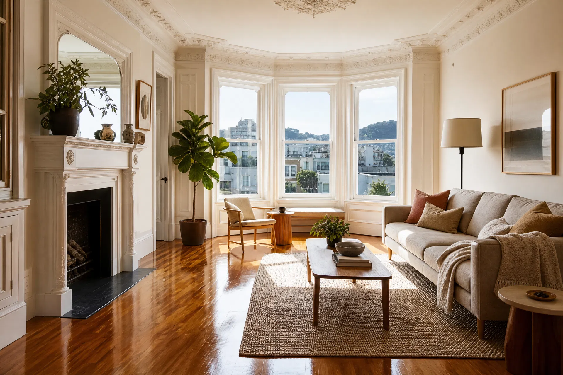 Beautiful Pacific Heights San Francisco Victorian living room with bay windows