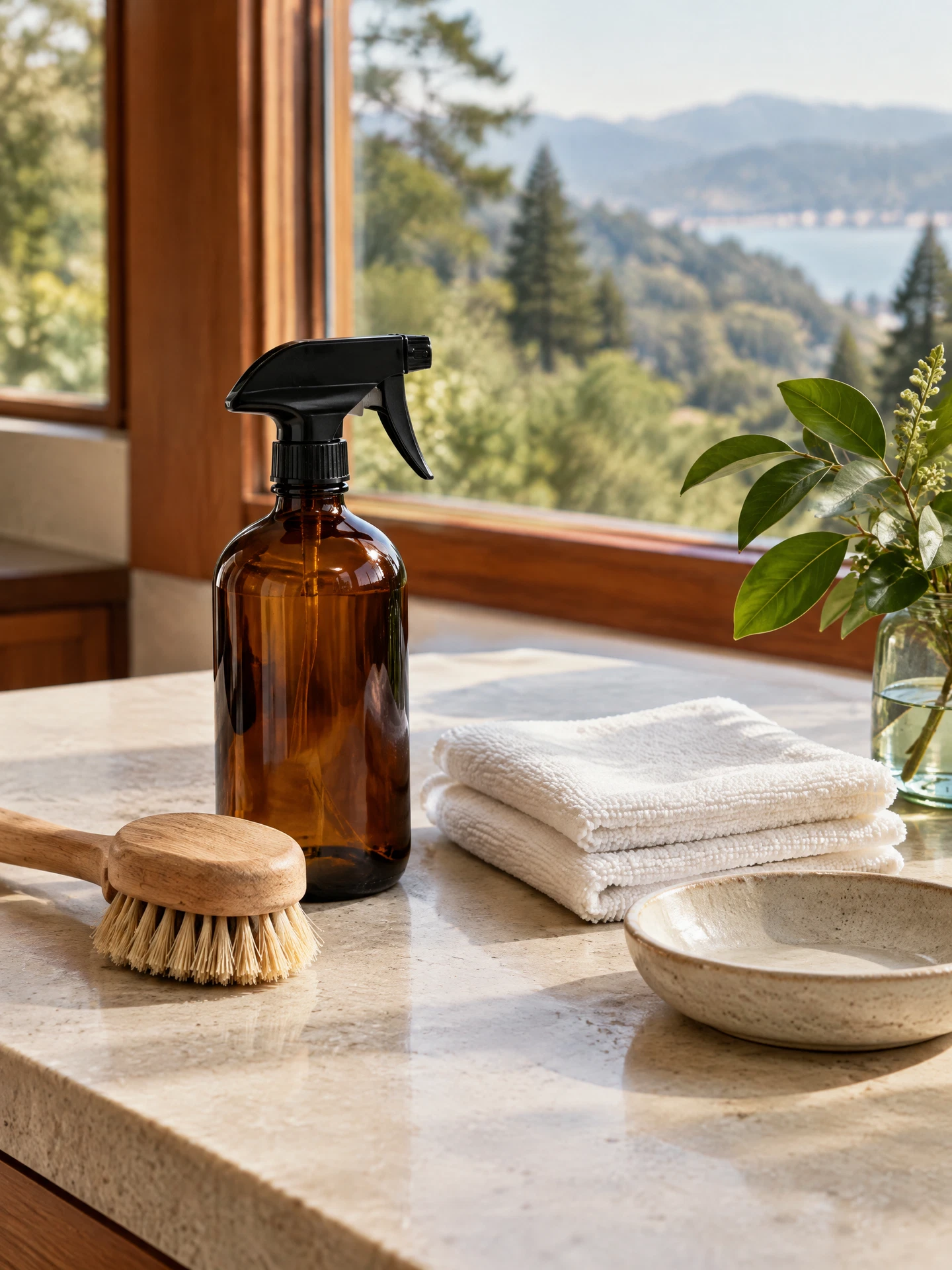 Unbranded eco-conscious cleaning supplies arranged on a pale stone counter with a Marin hillside view