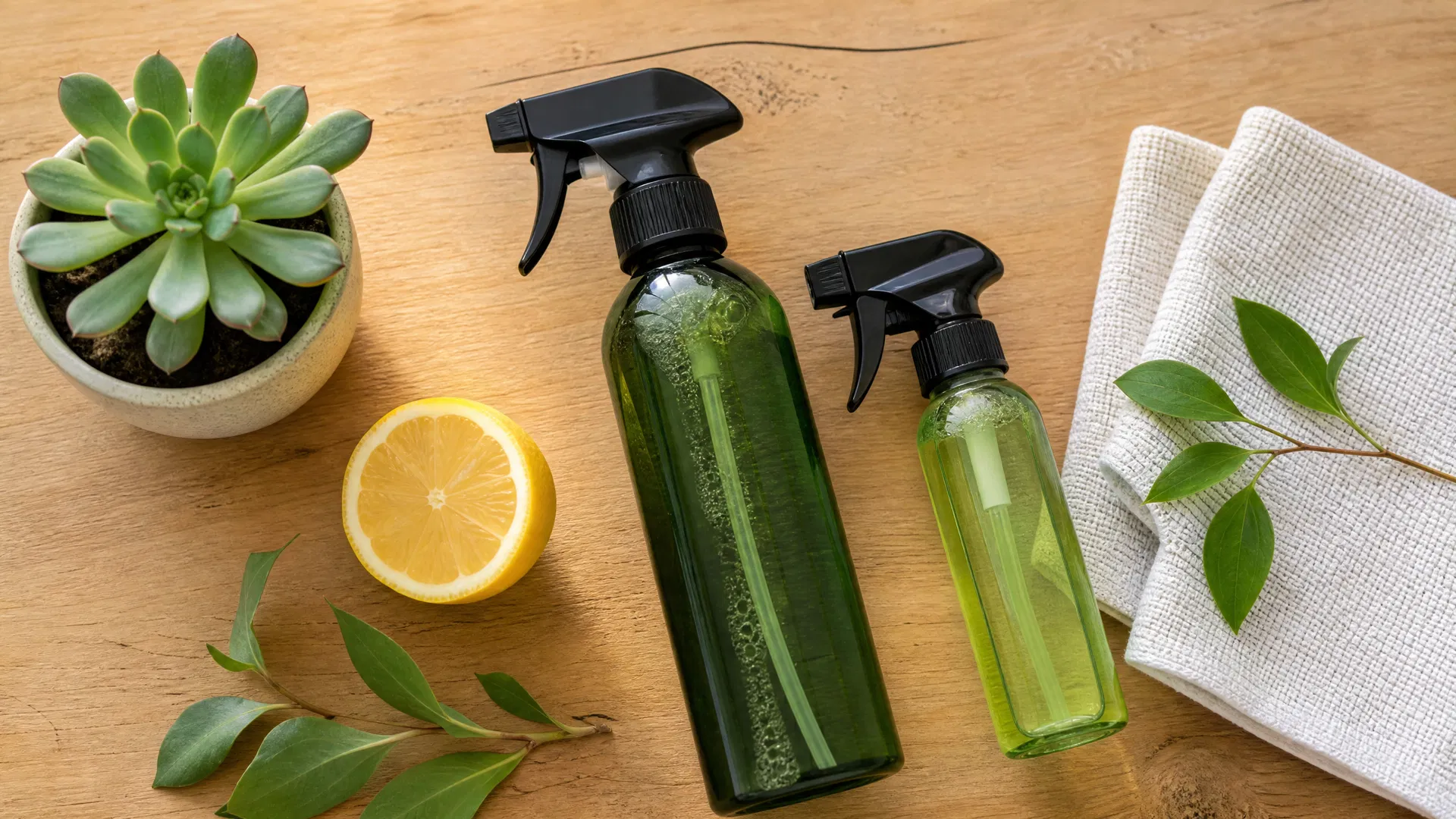 Eco-friendly cleaning products and microfiber tools used by Green Planet Cleaning in a Marin County home
