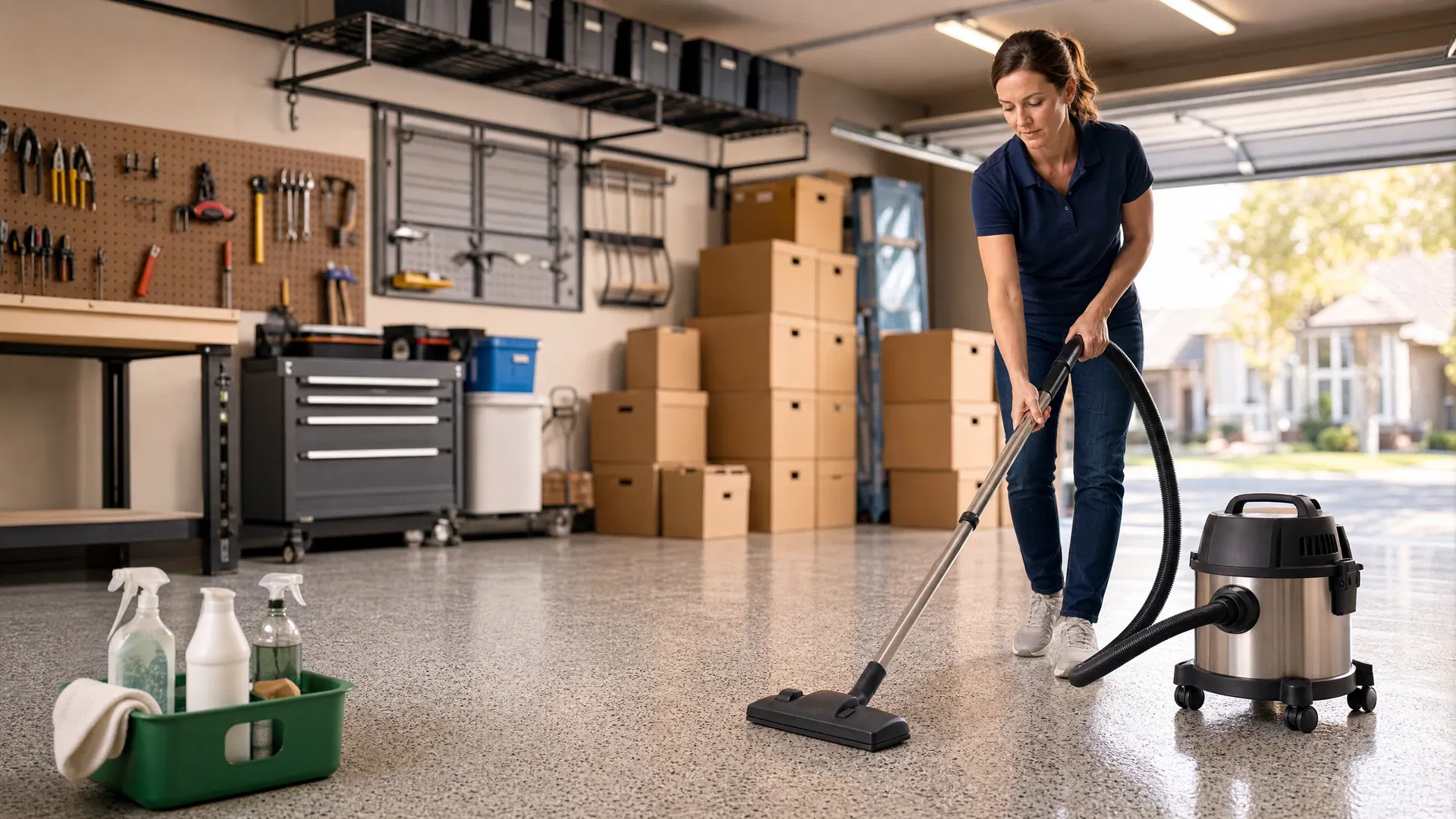 White professional female cleaner using a HEPA vacuum on an epoxy garage floor in San Francisco — Green Planet Cleaning Services garage deep cleaning