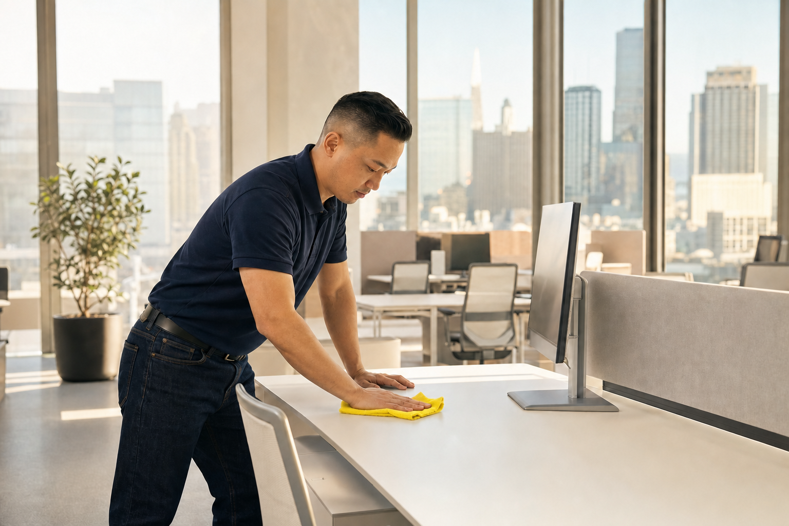 Professional cleaner in navy polo wiping a workstation in a modern San Francisco office — Green Planet Cleaning Services
