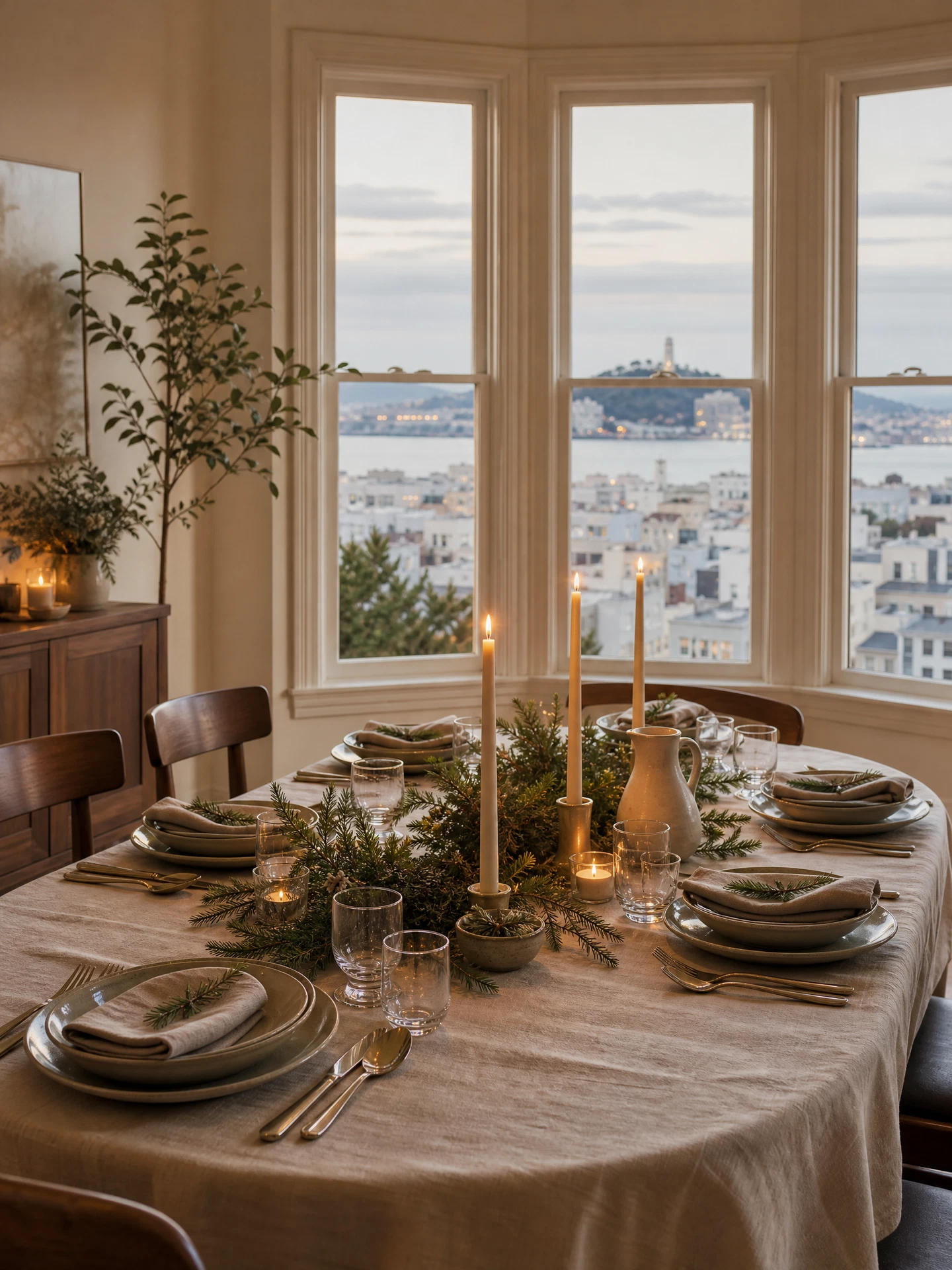 Wide holiday-ready San Francisco dining table with linen, ceramics, winter greenery, and soft city light